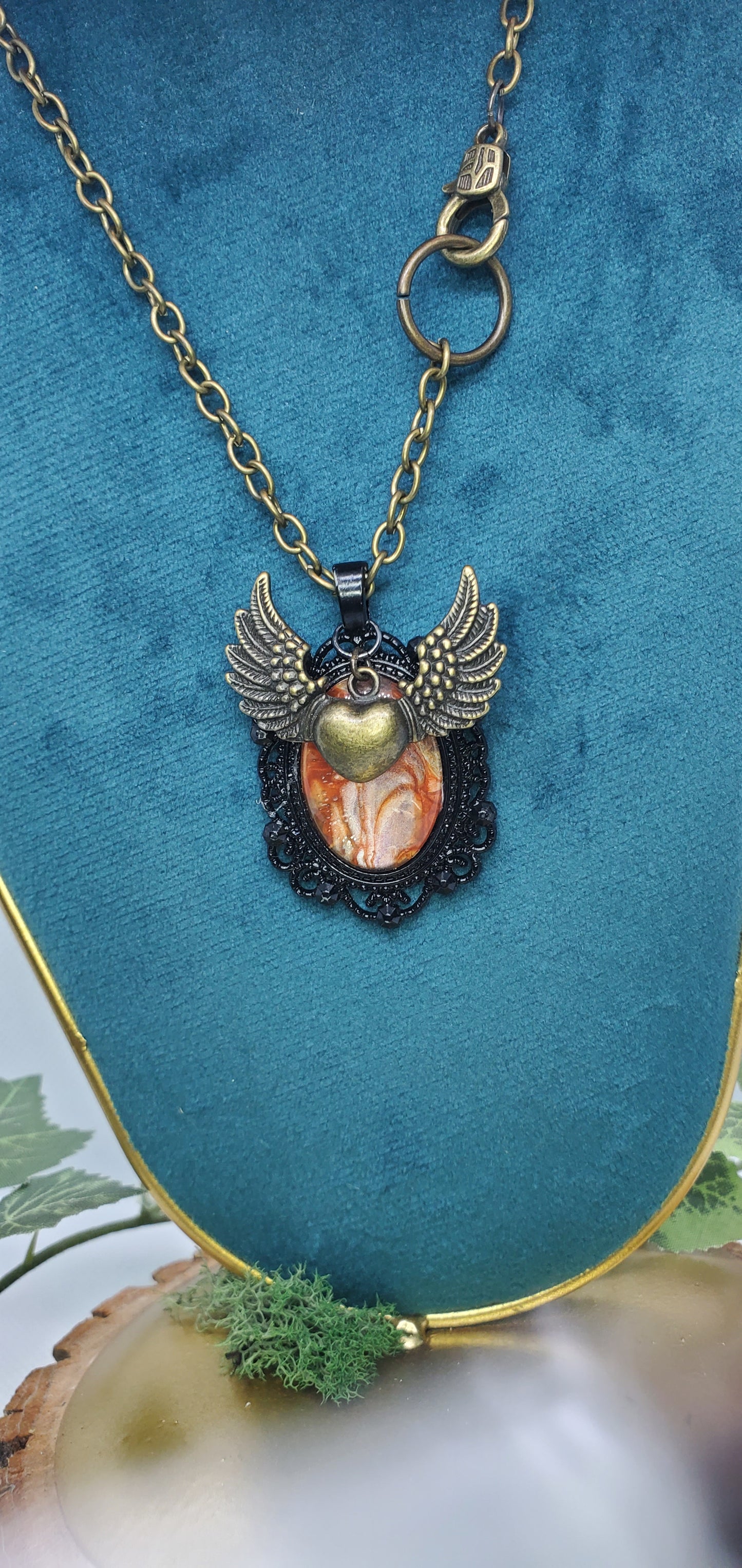 Bronze and Orange Flying Heart Fluid Art Necklace