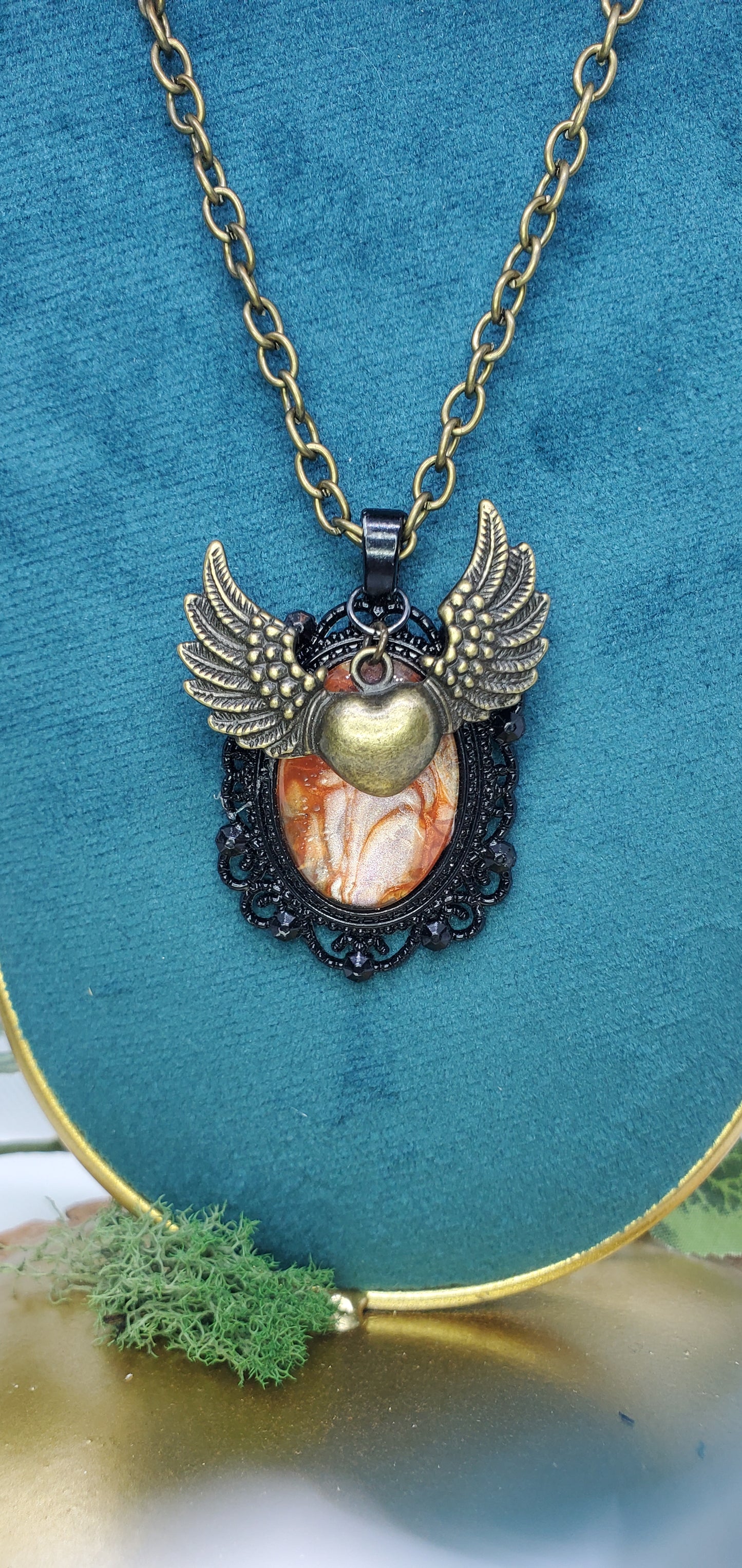 Bronze and Orange Flying Heart Fluid Art Necklace