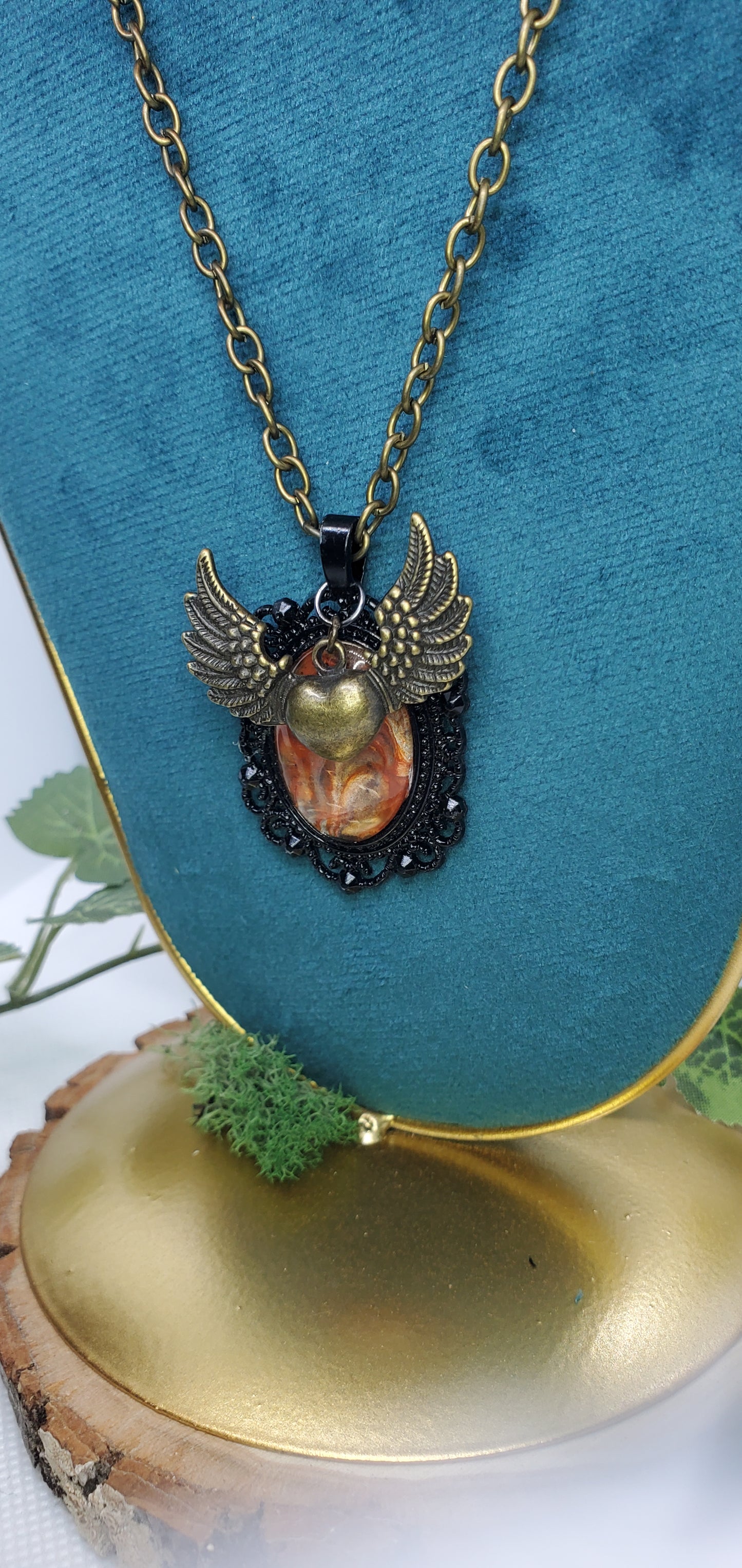 Bronze and Orange Flying Heart Fluid Art Necklace