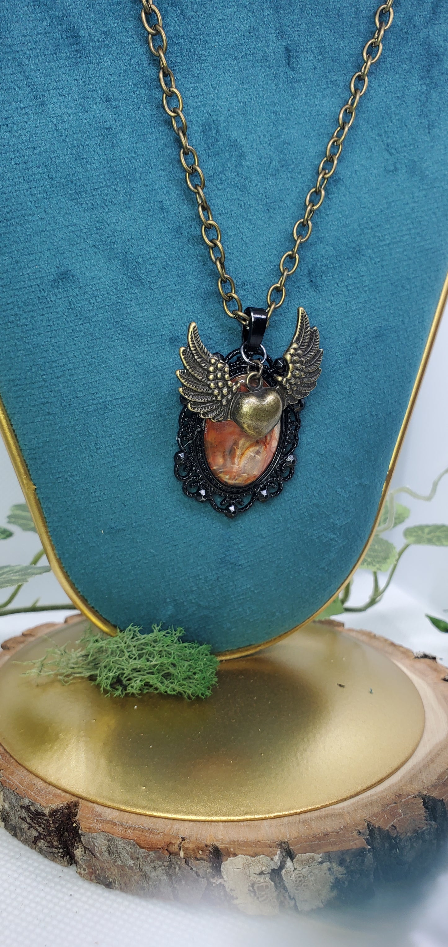 Bronze and Orange Flying Heart Fluid Art Necklace