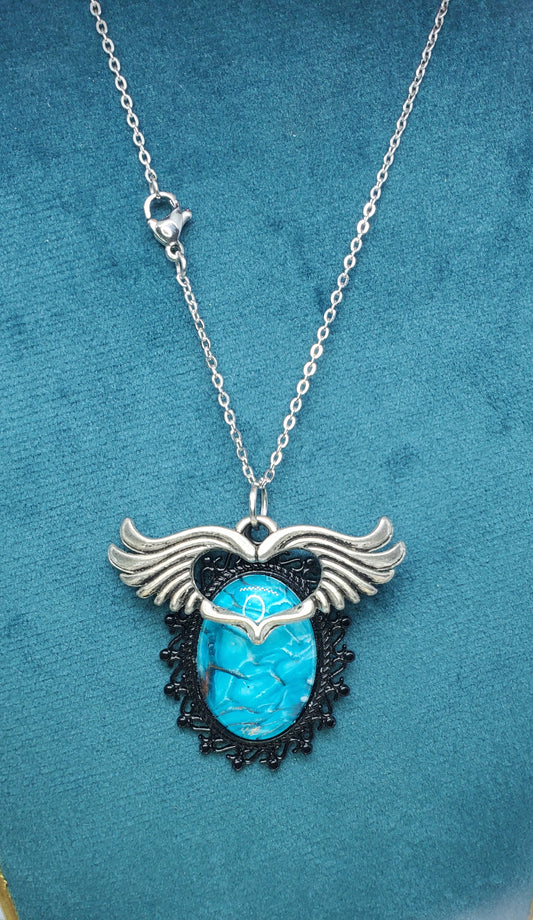 Brilliant Blue Fluid Art Necklace with Silver Wings