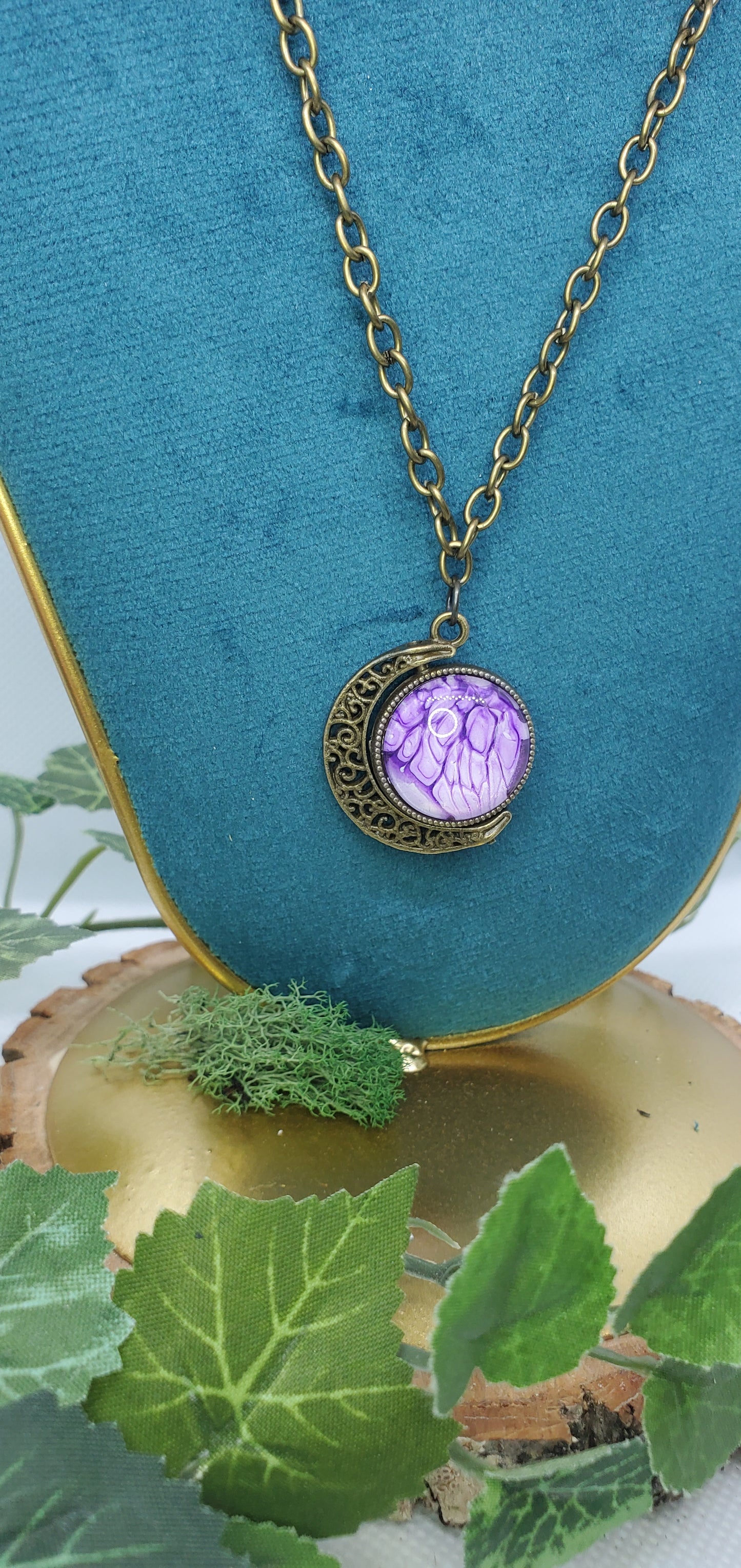 Bronze and Purple Crescent Moon Spinning Necklace