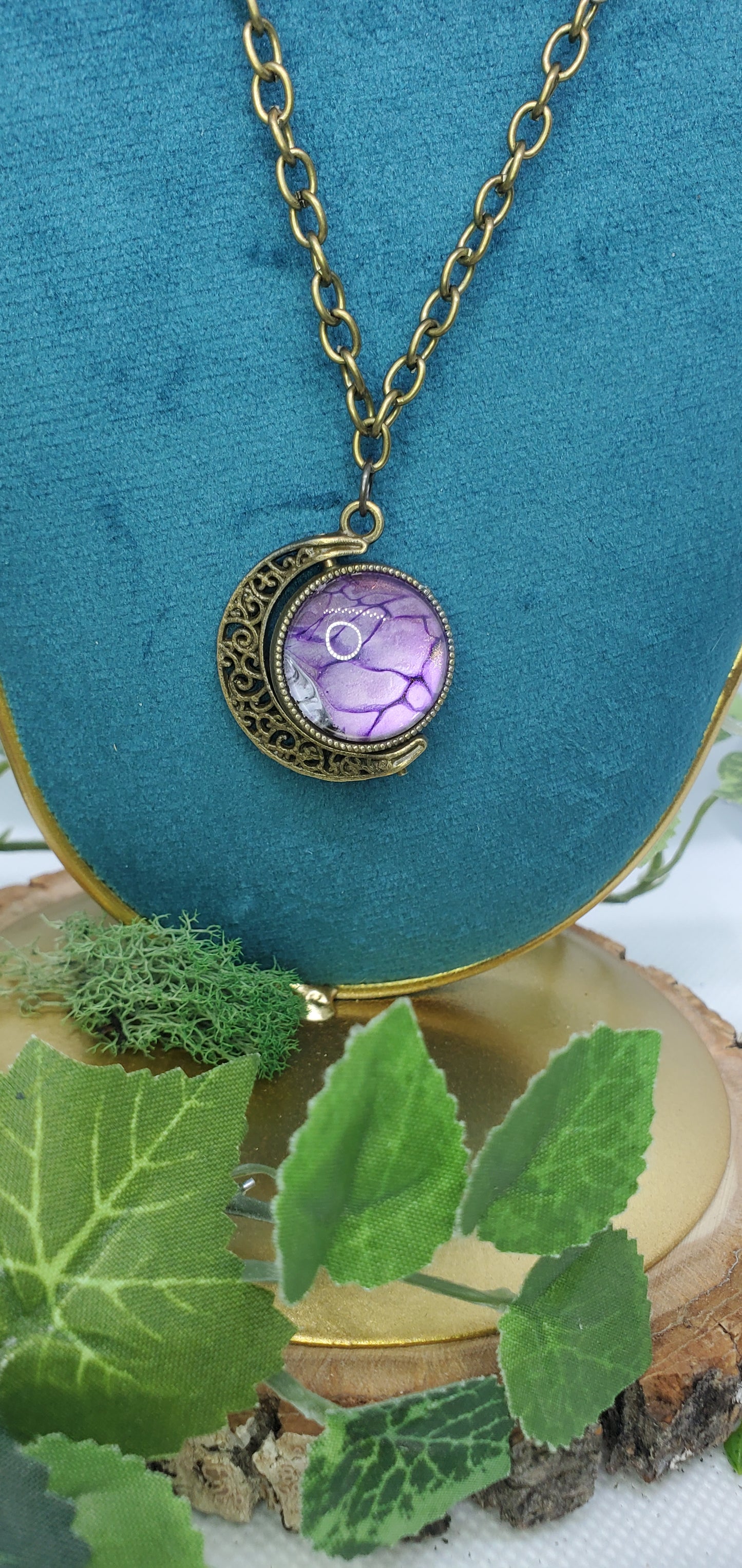 Bronze and Purple Crescent Moon Spinning Necklace