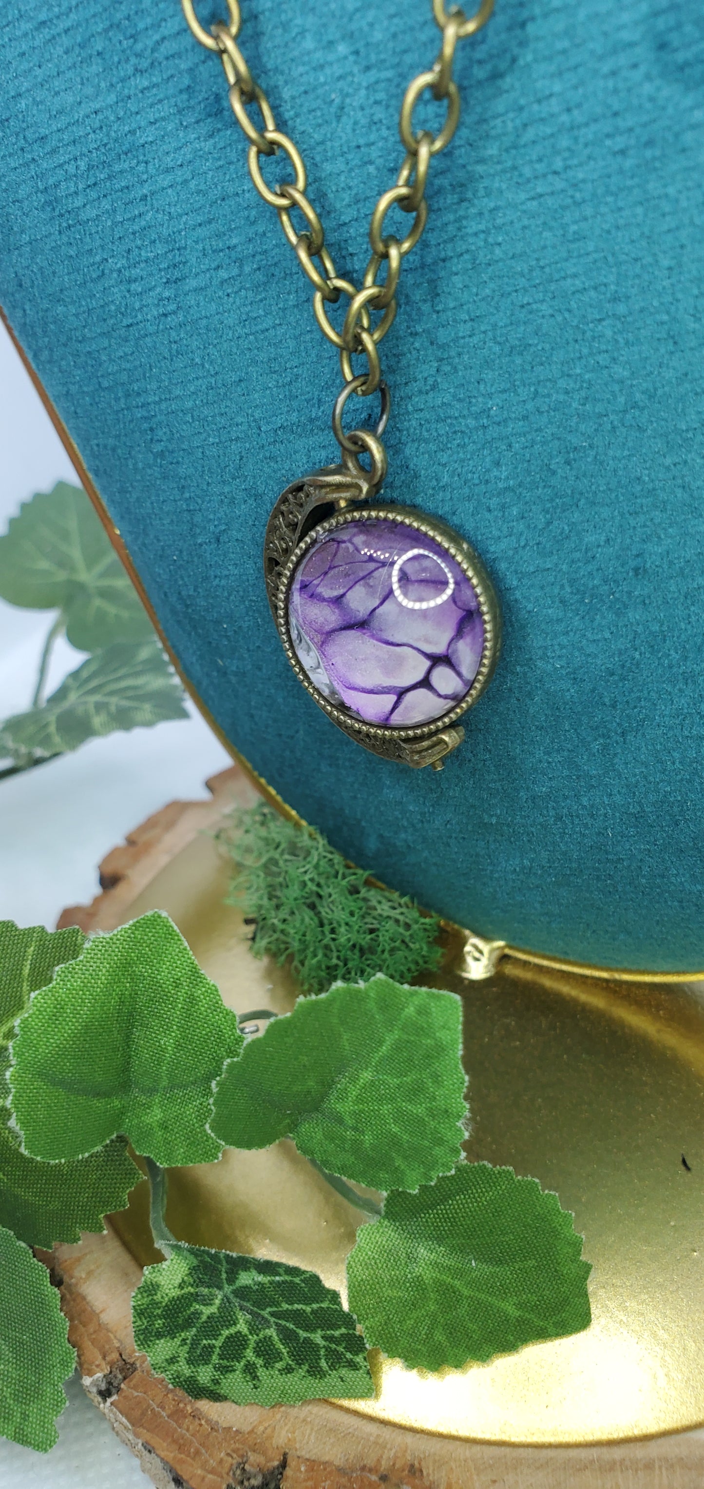 Bronze and Purple Crescent Moon Spinning Necklace