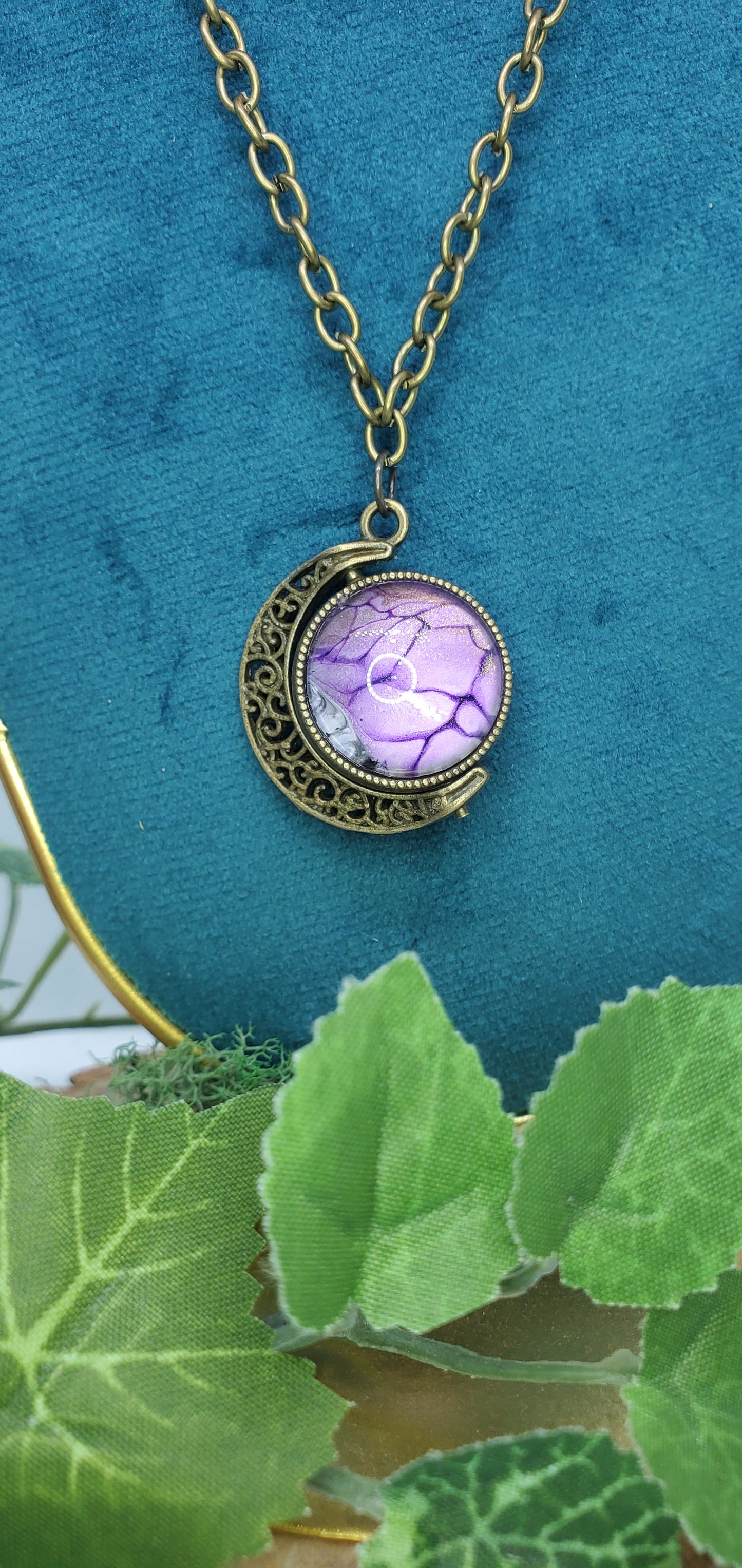 Bronze and Purple Crescent Moon Spinning Necklace