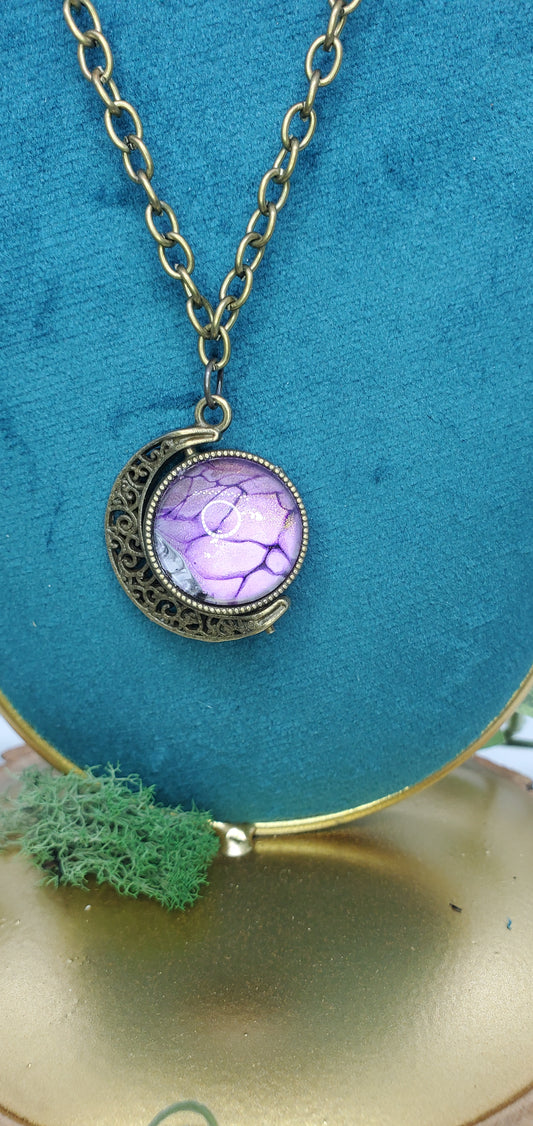 Bronze and Purple Crescent Moon Spinning Necklace