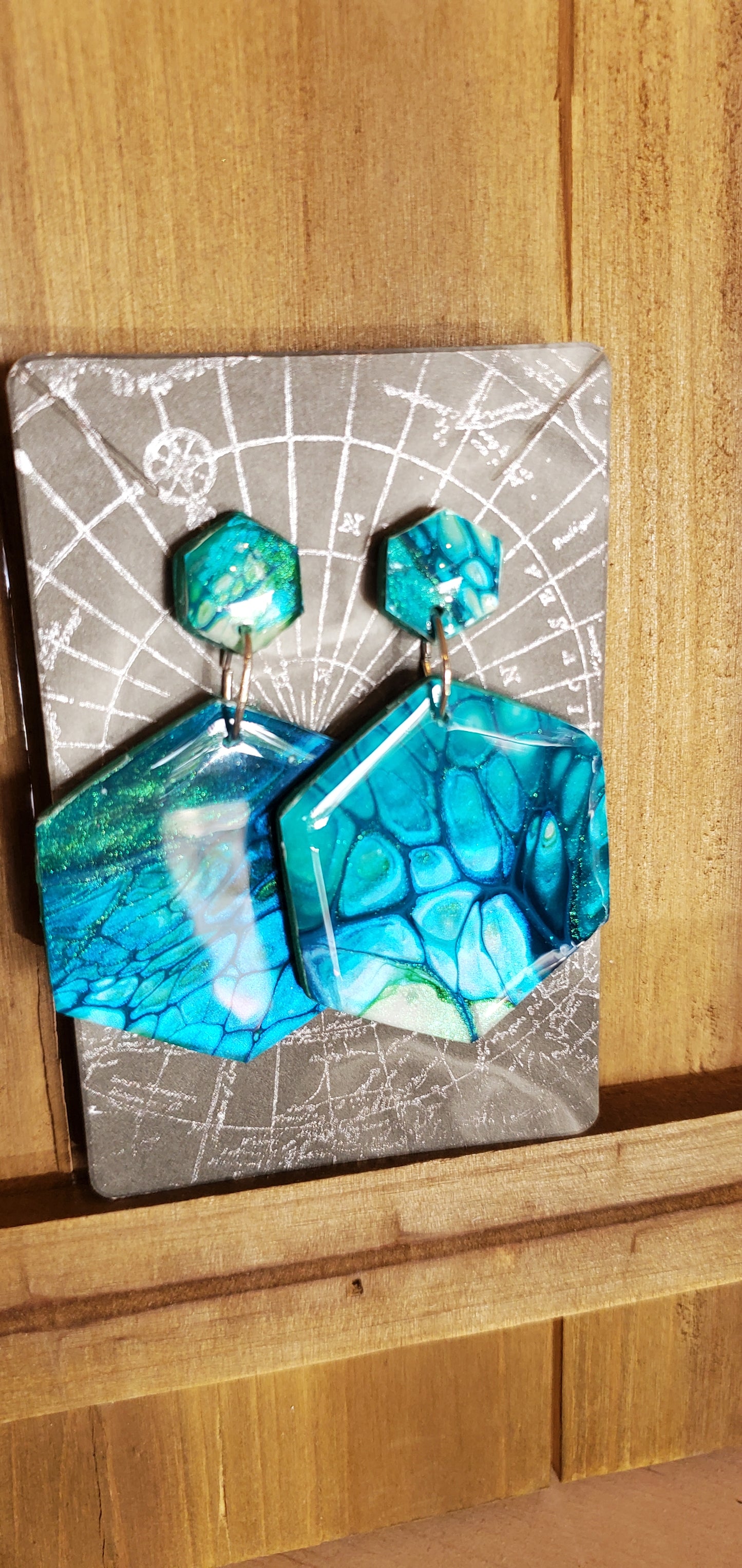 Fluid Art Earrings Unique Hexagon Blue and Chameleon Green - Wearable Art Active