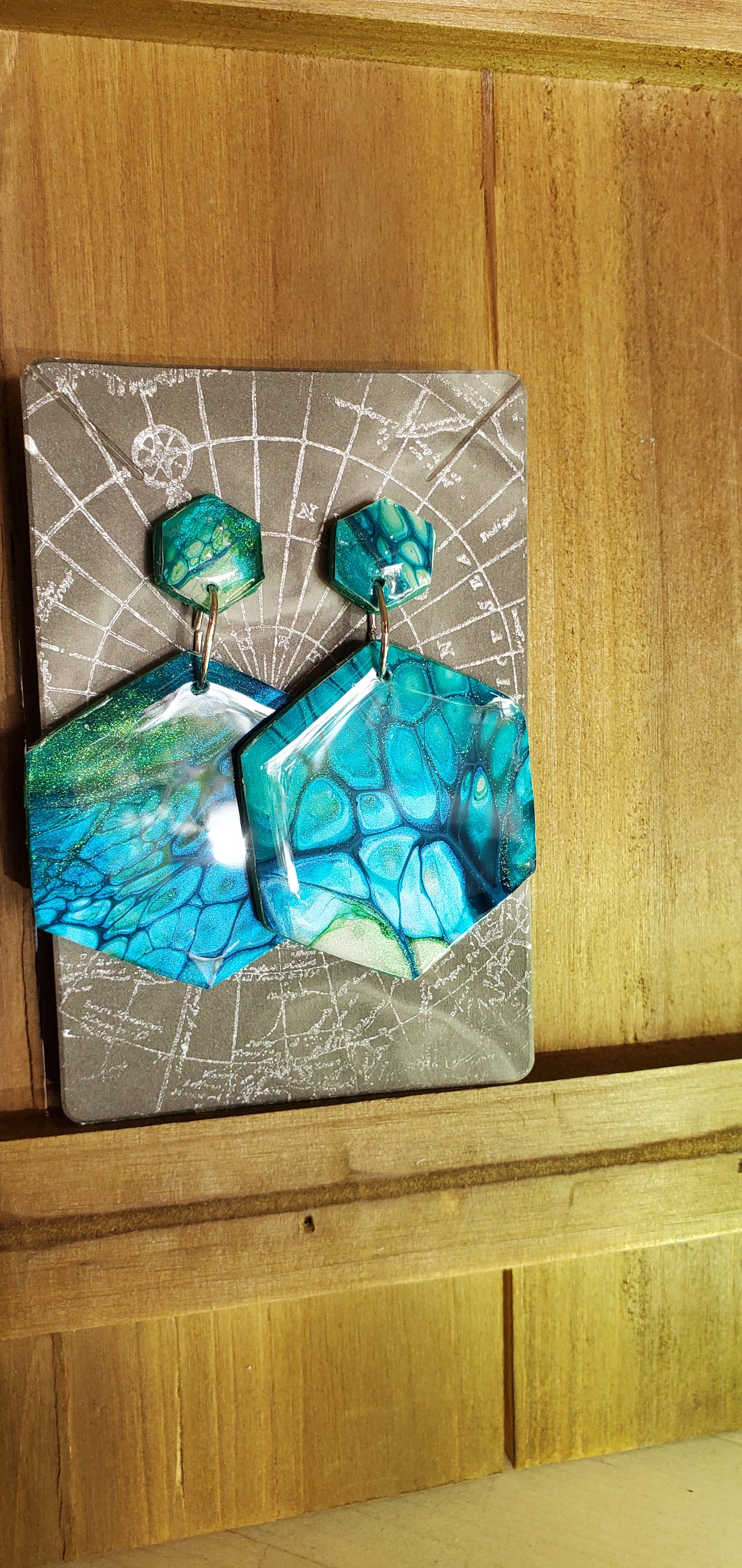 Fluid Art Earrings Unique Hexagon Blue and Chameleon Green - Wearable Art Active