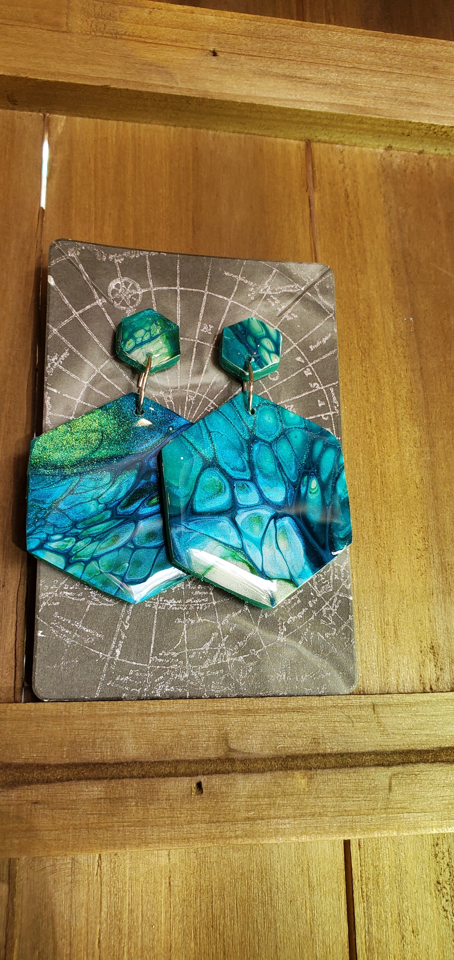 Fluid Art Earrings Unique Hexagon Blue and Chameleon Green - Wearable Art Active