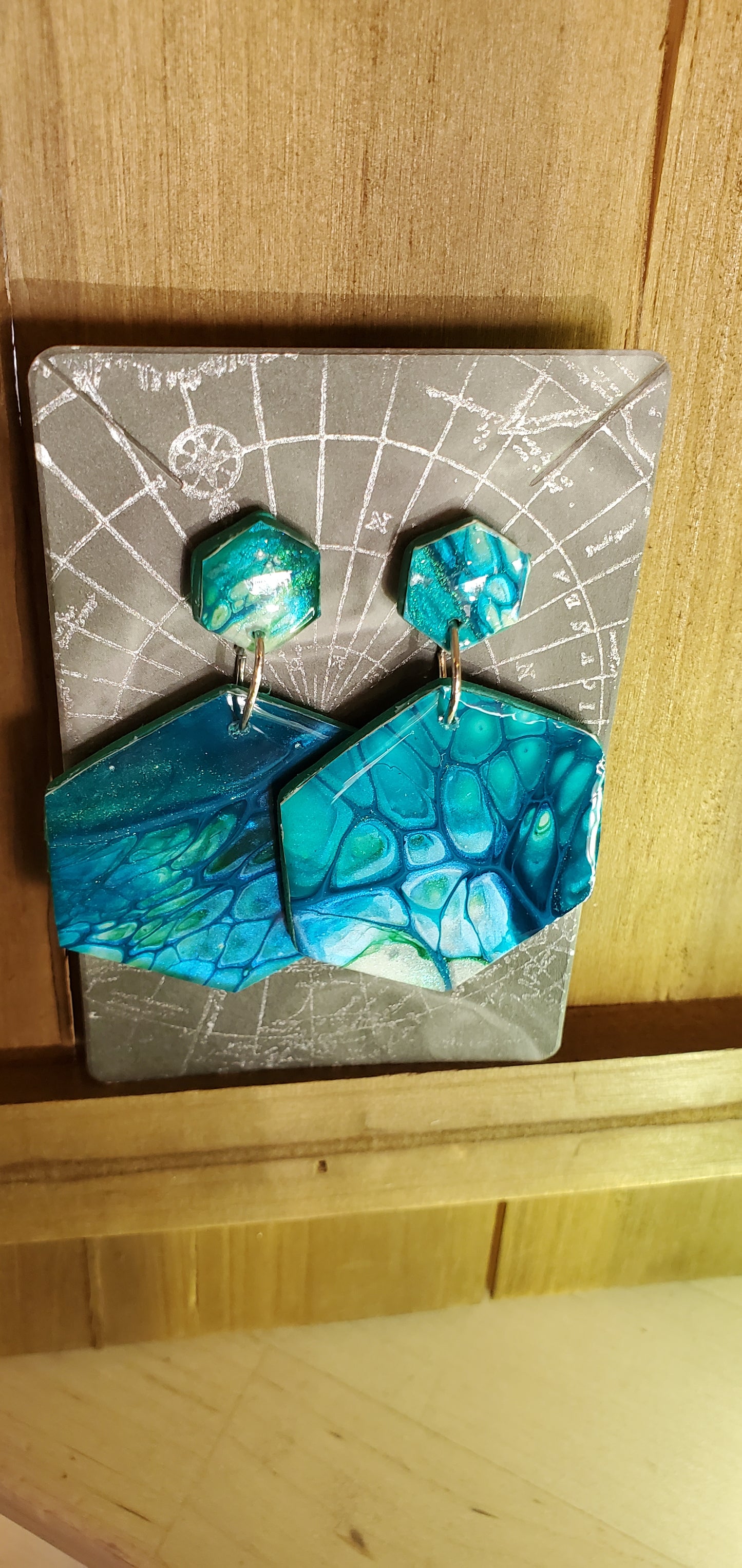 Fluid Art Earrings Unique Hexagon Blue and Chameleon Green - Wearable Art Active