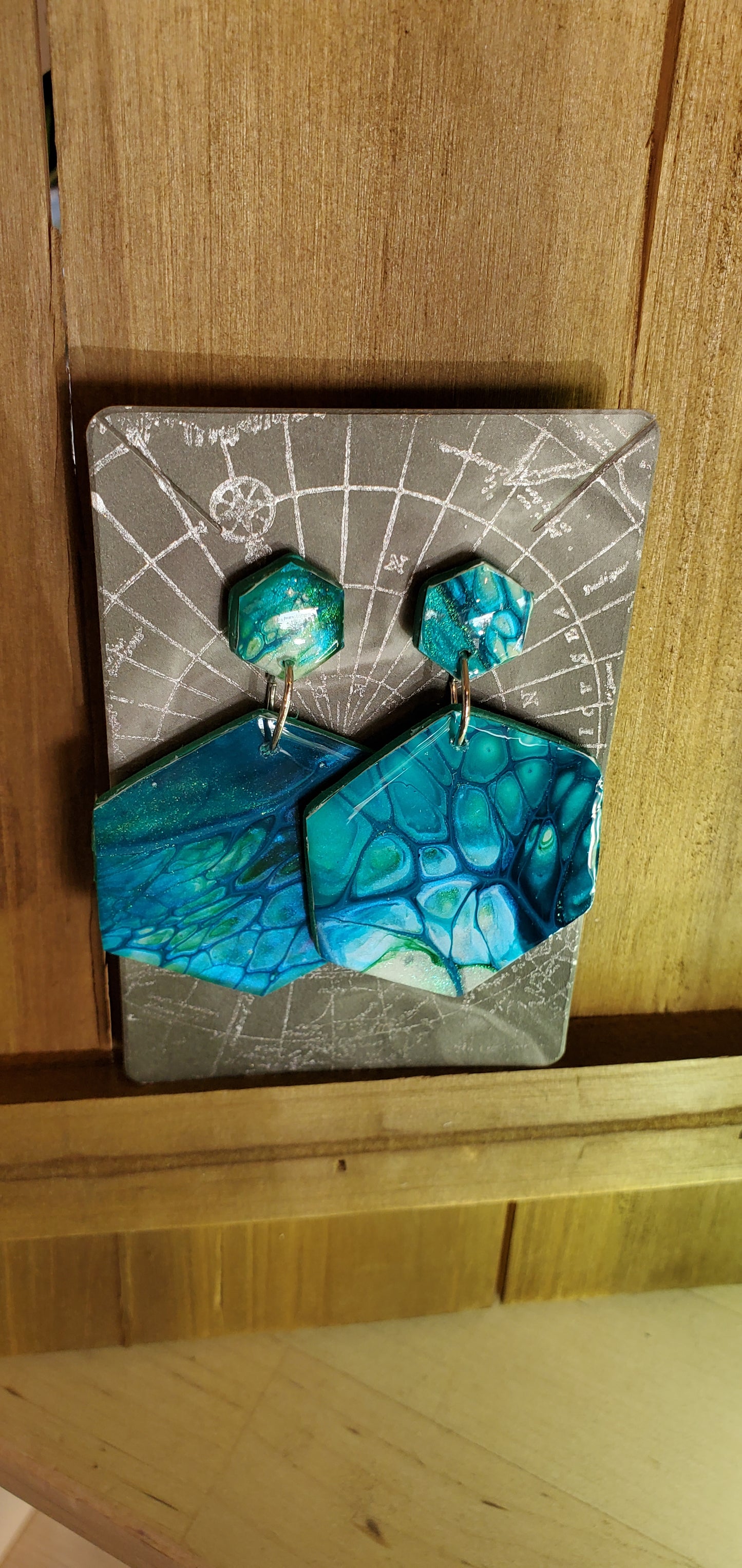 Fluid Art Earrings Unique Hexagon Blue and Chameleon Green - Wearable Art Active