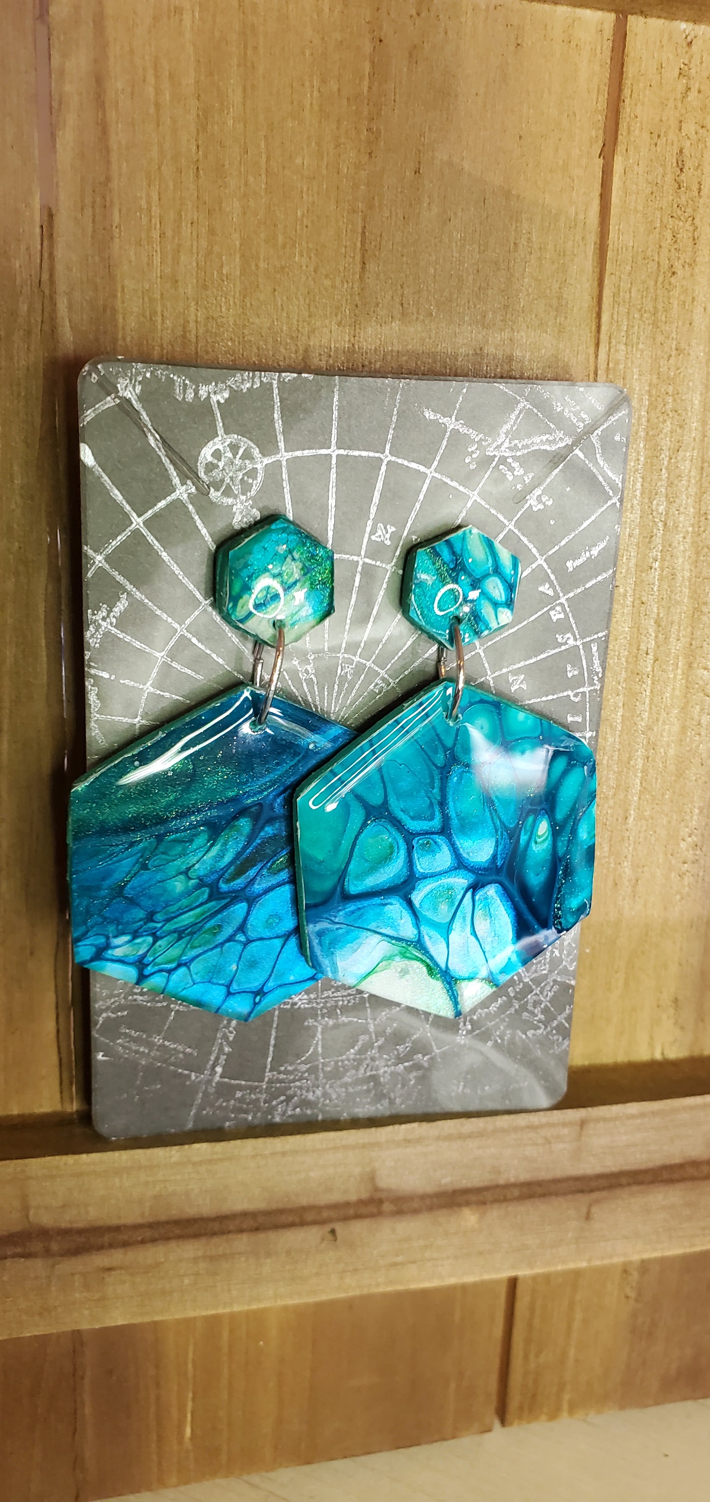 Fluid Art Earrings Unique Hexagon Blue and Chameleon Green - Wearable Art Active