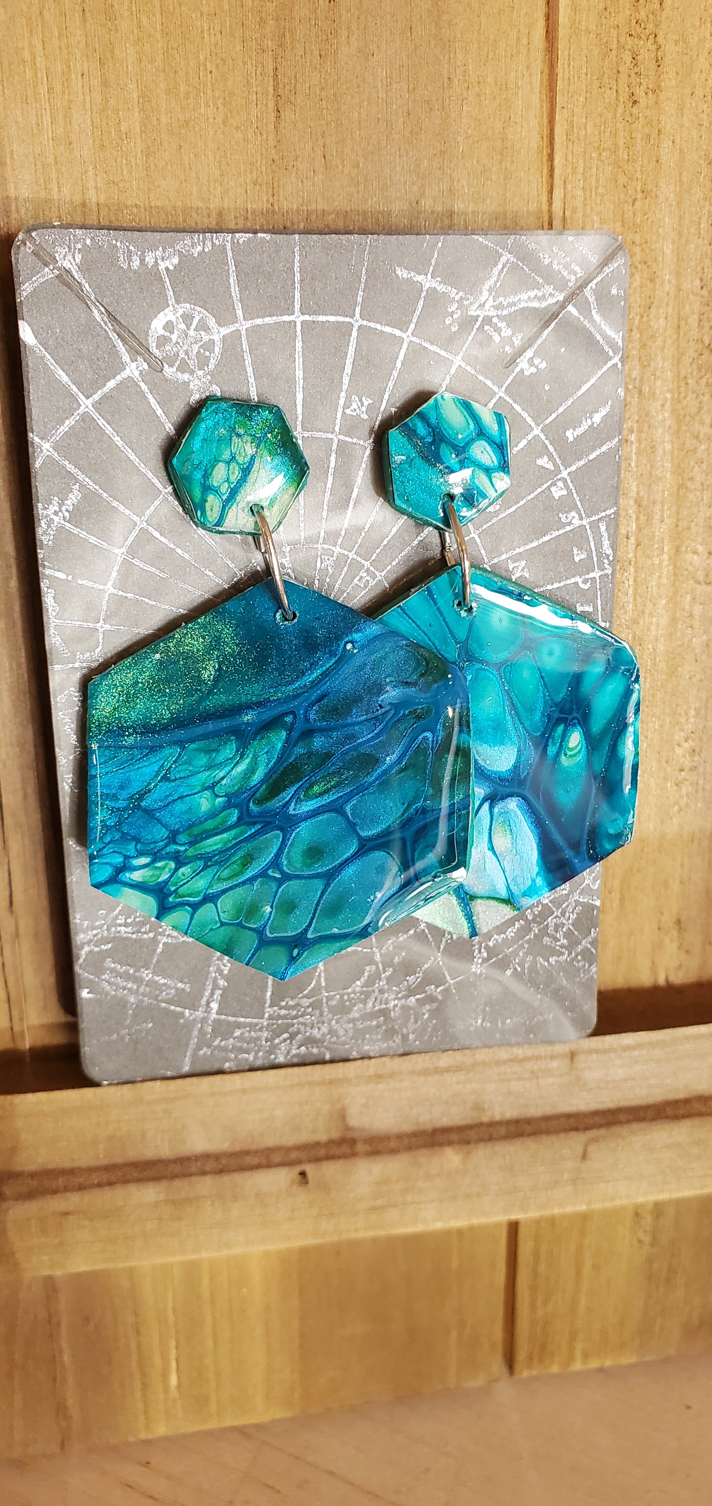 Fluid Art Earrings Unique Hexagon Blue and Chameleon Green - Wearable Art Active