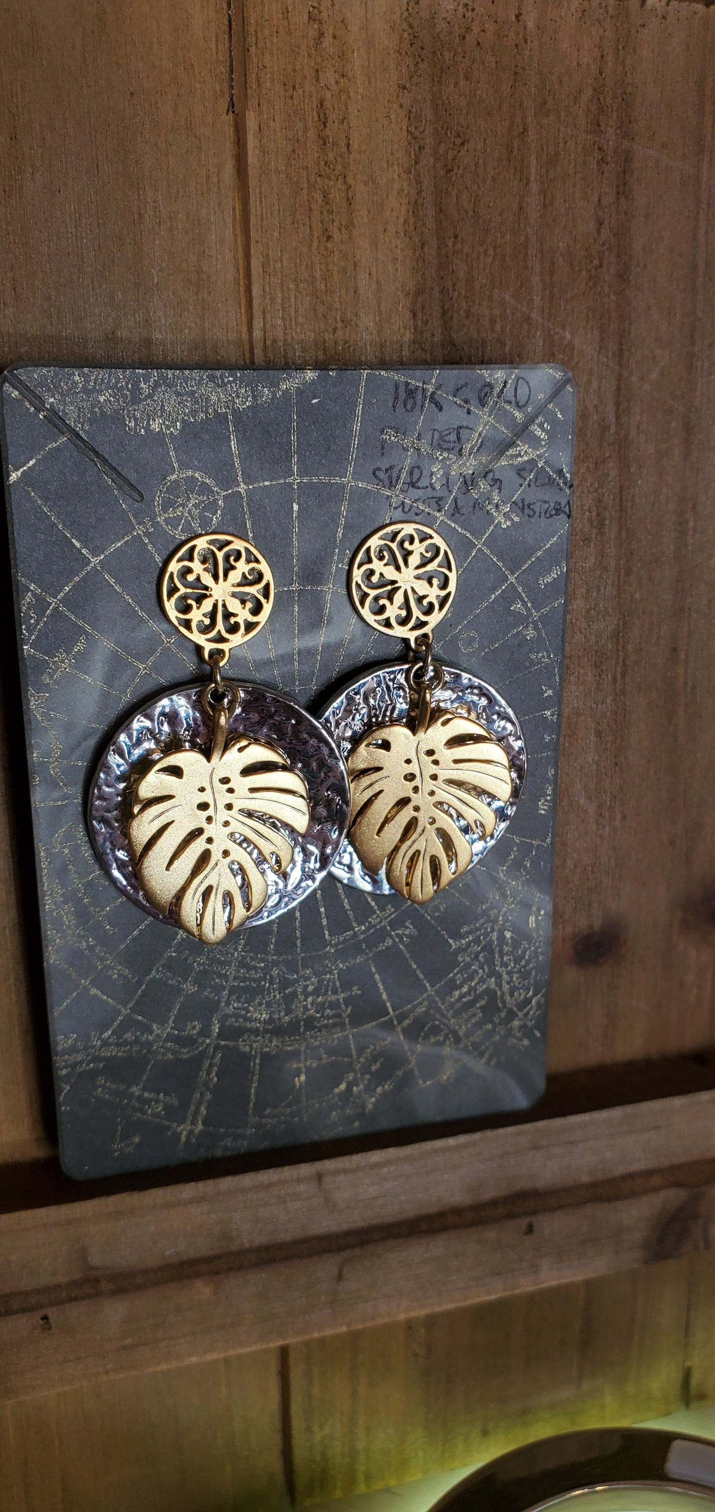 18K Gold Plated Sterling Silver Monstera Leaf and Filigree Earrings