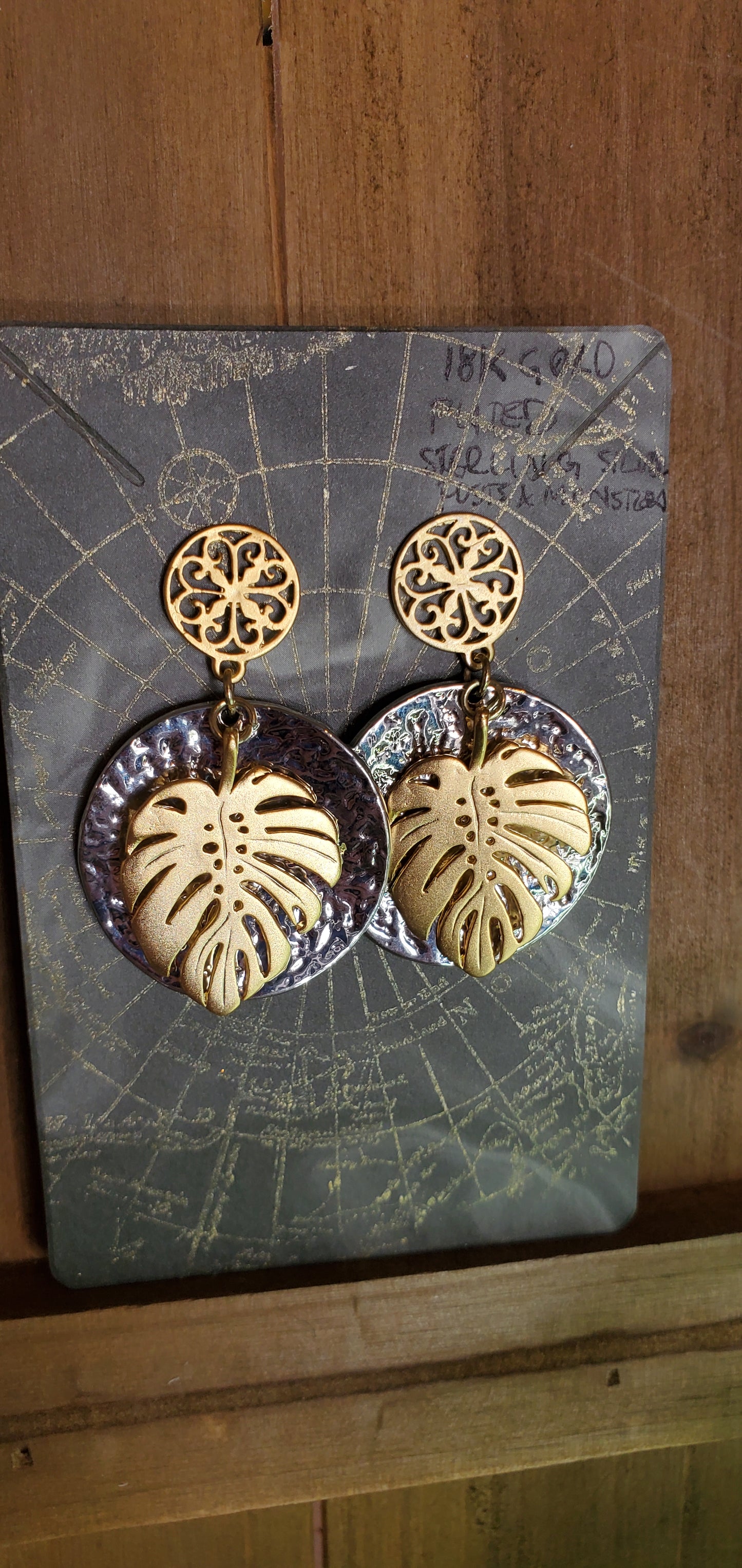 18K Gold Plated Sterling Silver Monstera Leaf and Filigree Earrings