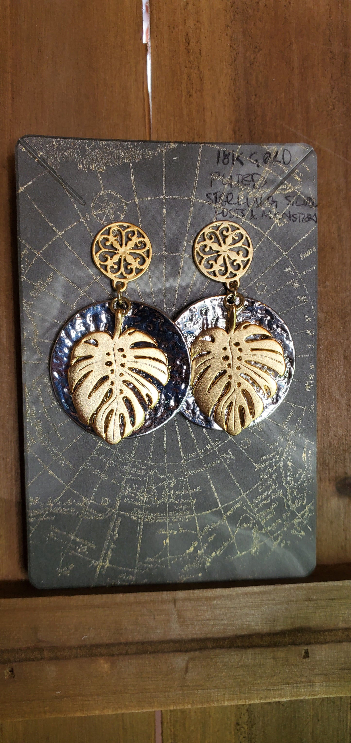 18K Gold Plated Sterling Silver Monstera Leaf and Filigree Earrings