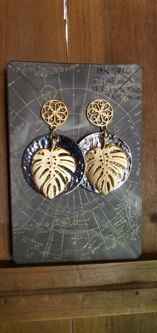 18K Gold Plated Sterling Silver Monstera Leaf and Filigree Earrings