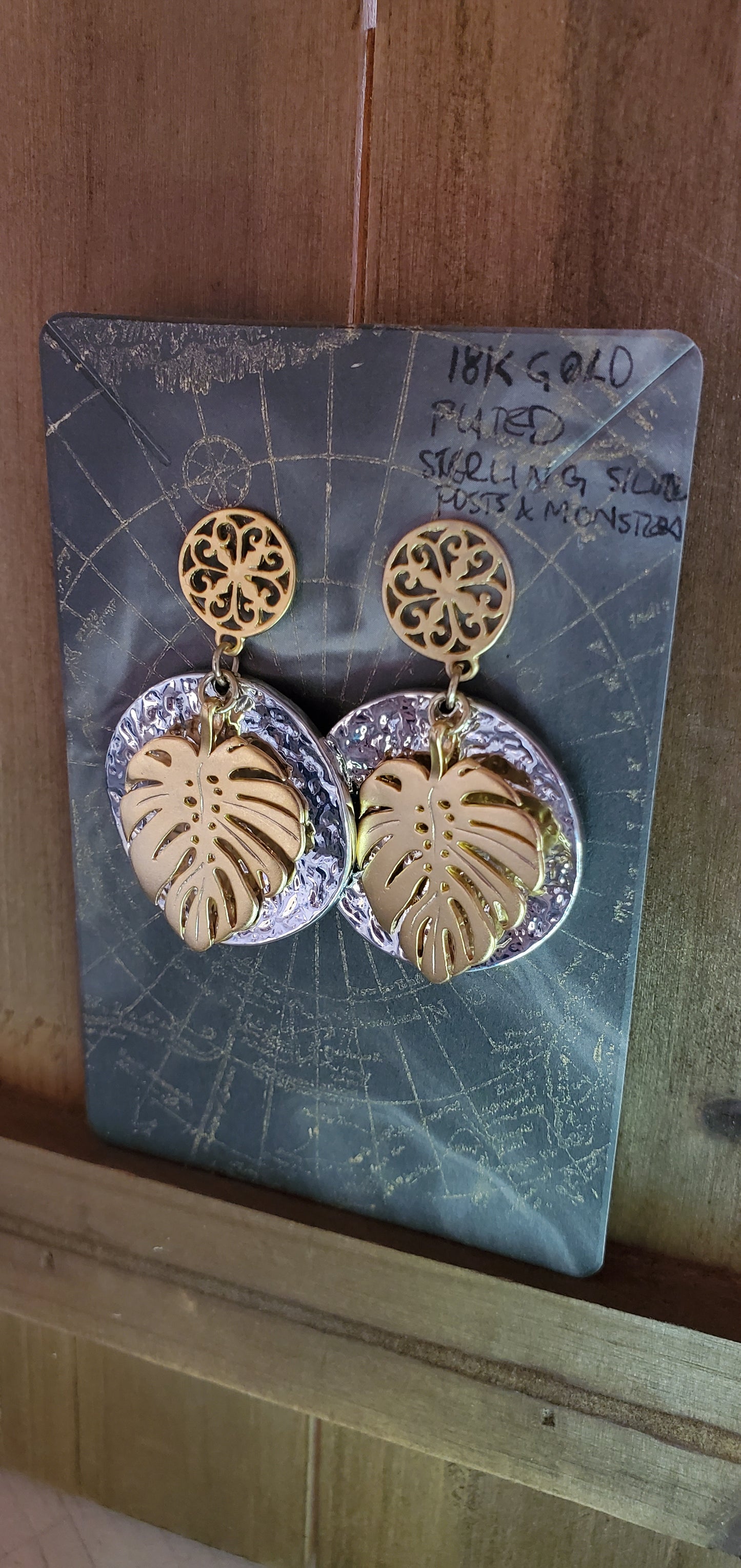 18K Gold Plated Sterling Silver Monstera Leaf and Filigree Earrings