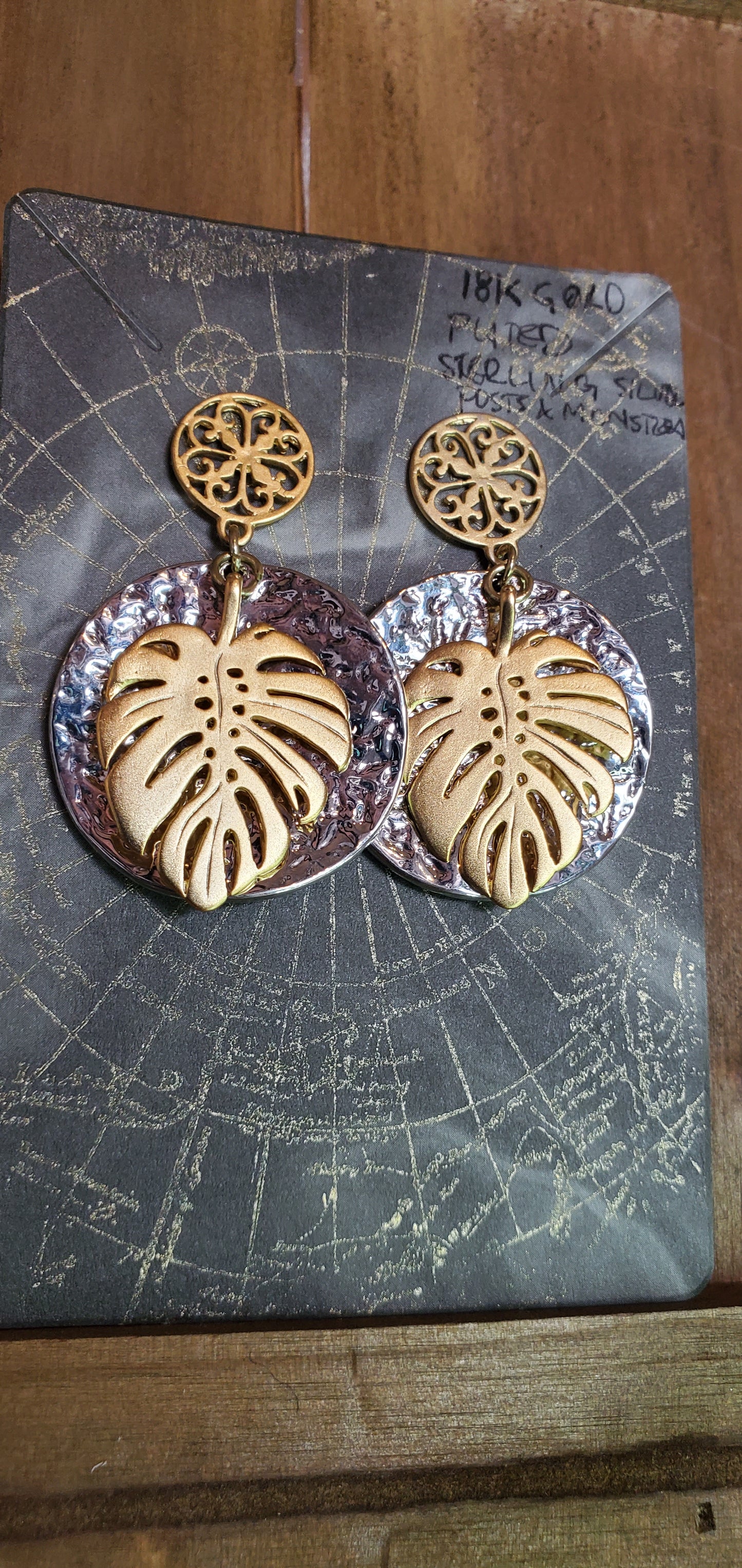 18K Gold Plated Sterling Silver Monstera Leaf and Filigree Earrings