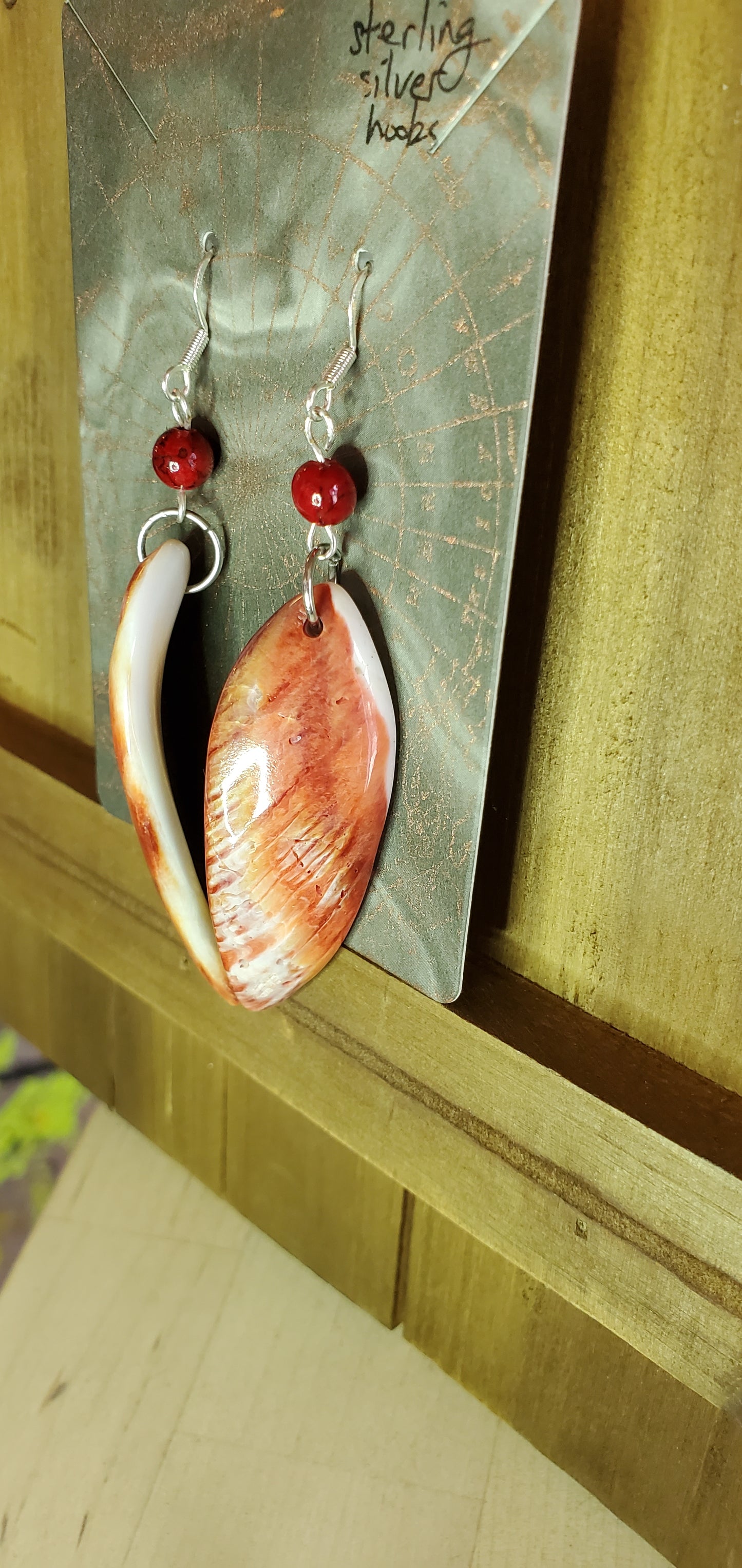 Carved Fish, Oyster Shell Earrings with Sterling Silver Hooks