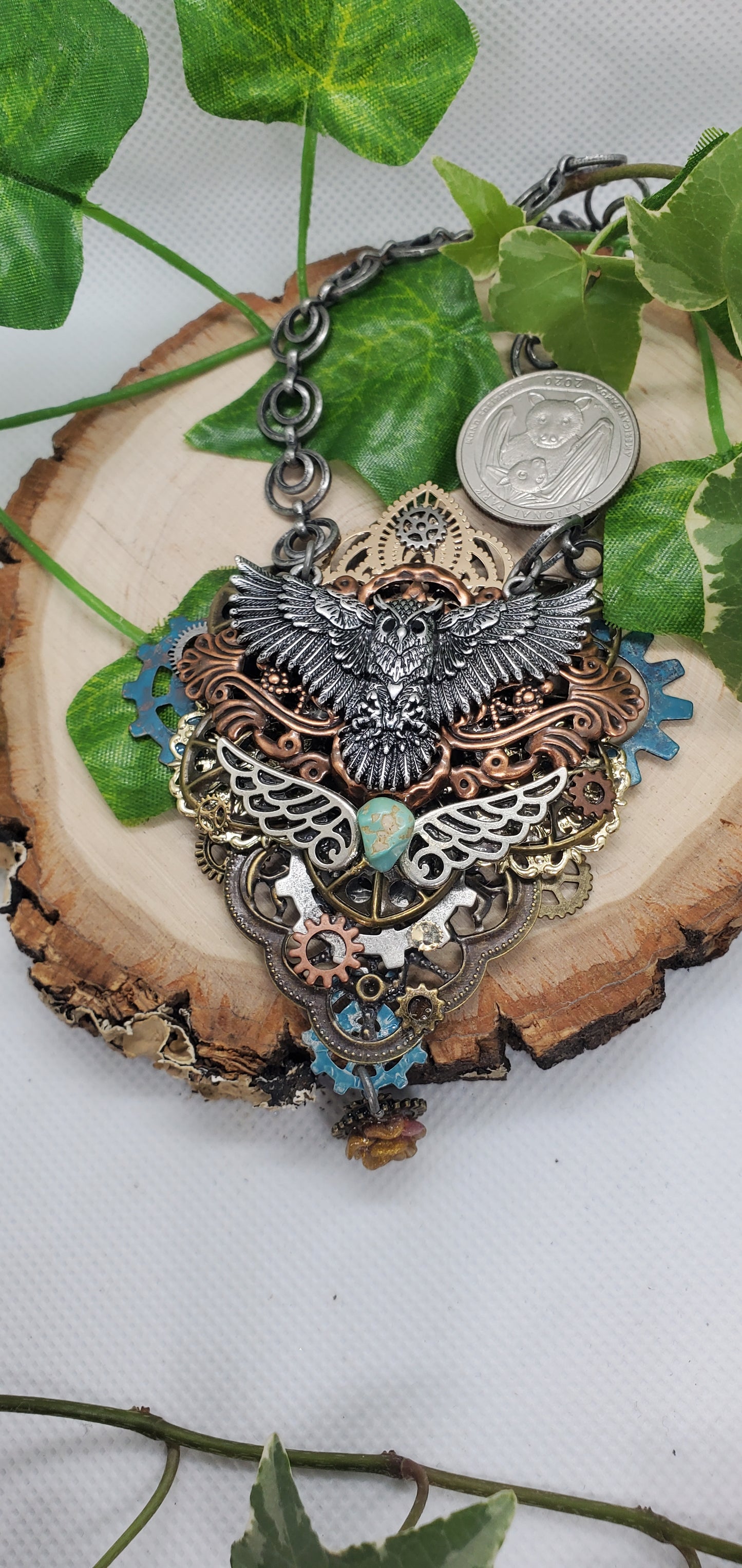 Steampunk and Filigree Metal Owl Necklace with Turquoise