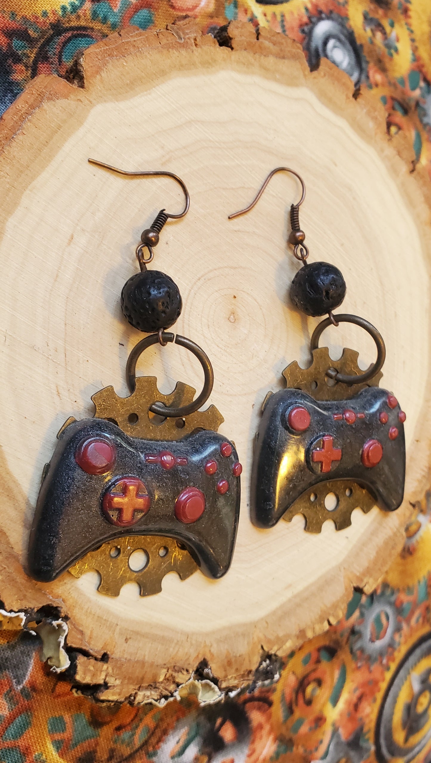 Black and Red XBox Controller Earrings with Gears