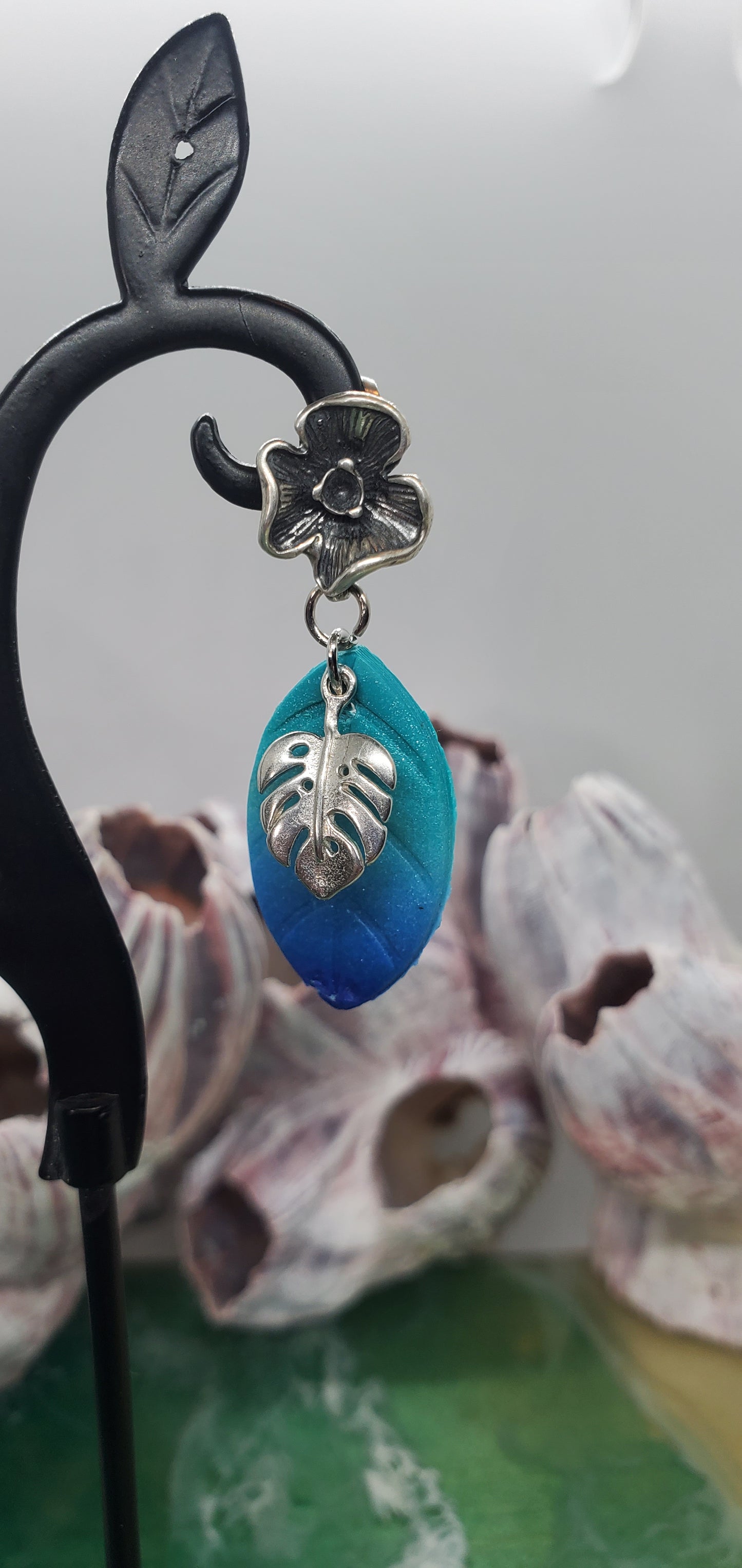 Monstera Dangle Earrings with Blue and Green Ombre Leaf in Sterling Silver