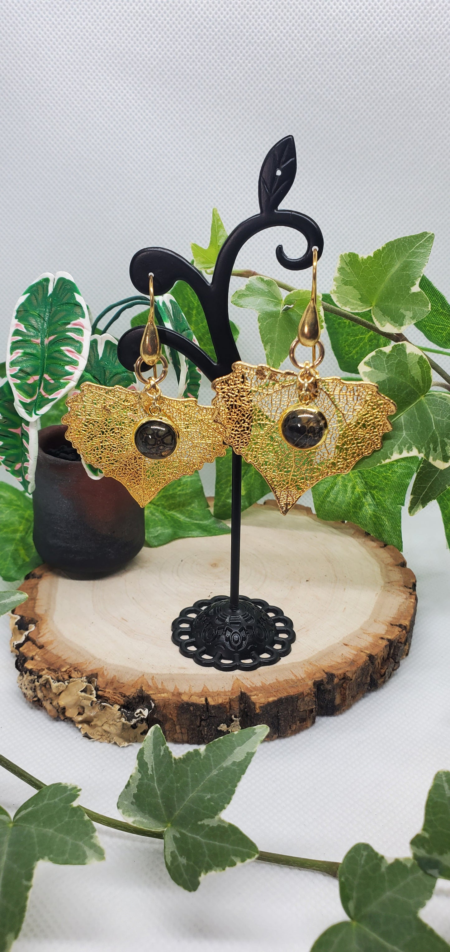 24K Gold Gilded Leaf Earrings with 24K over Sterling Silver Hooks and Dark Pour Art Accents