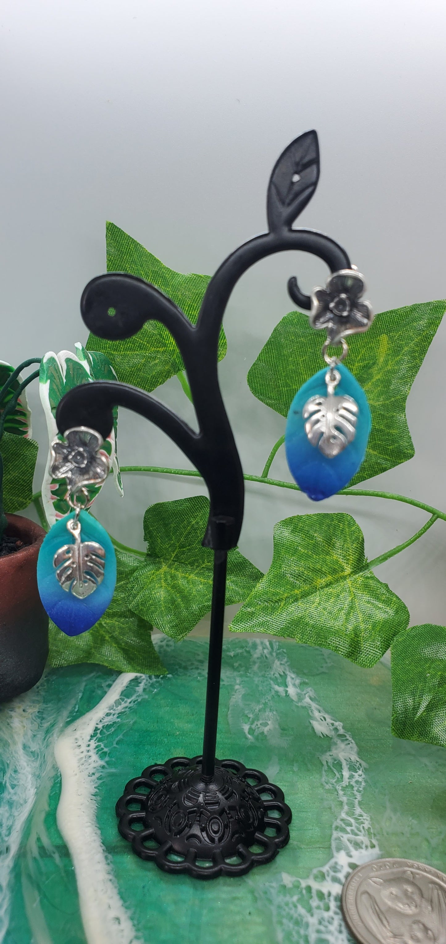 Monstera Dangle Earrings with Blue and Green Ombre Leaf in Sterling Silver