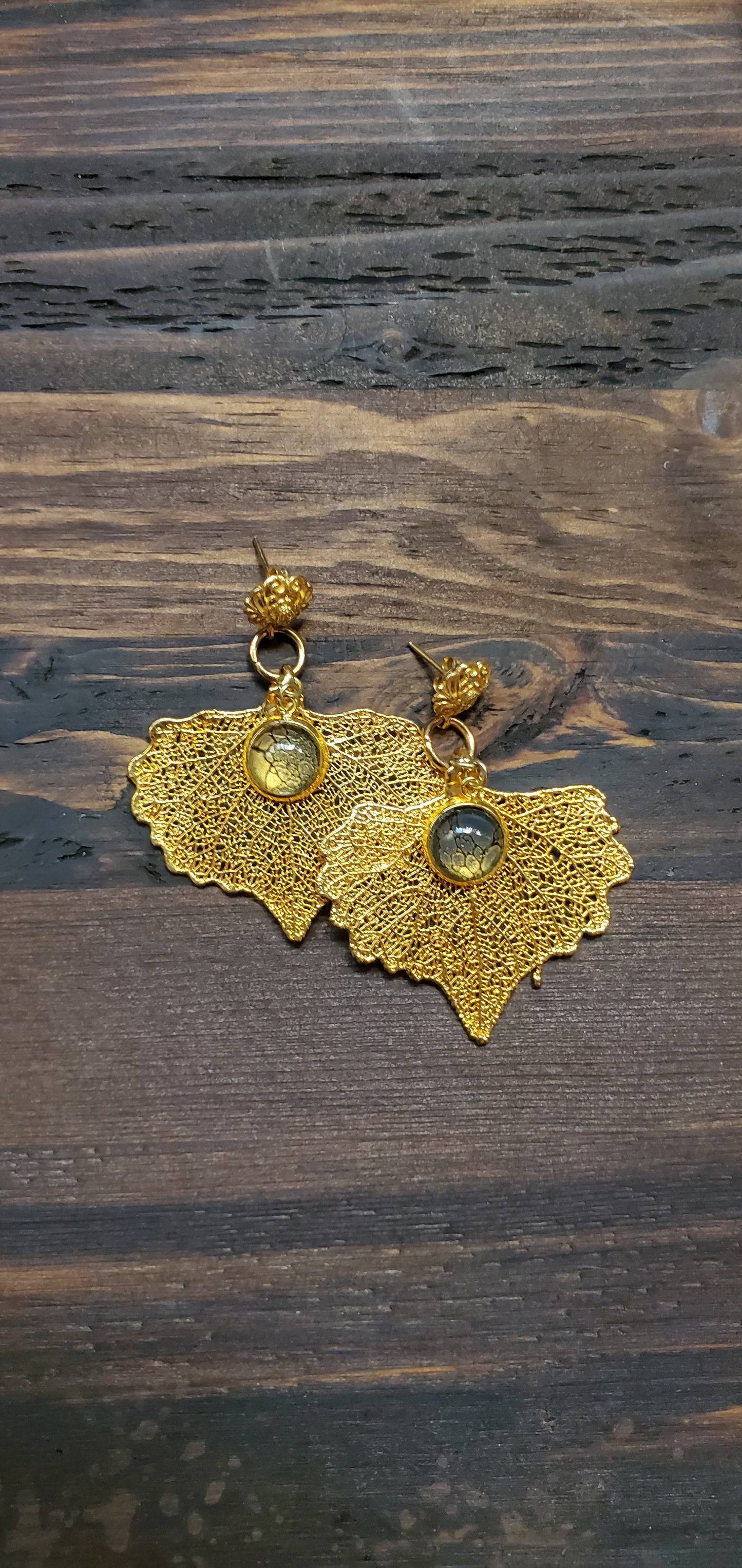 24K Gold Gilded Leaf Earrings with 24K over Sterling Silver Filigree Posts and Pour Art Accents