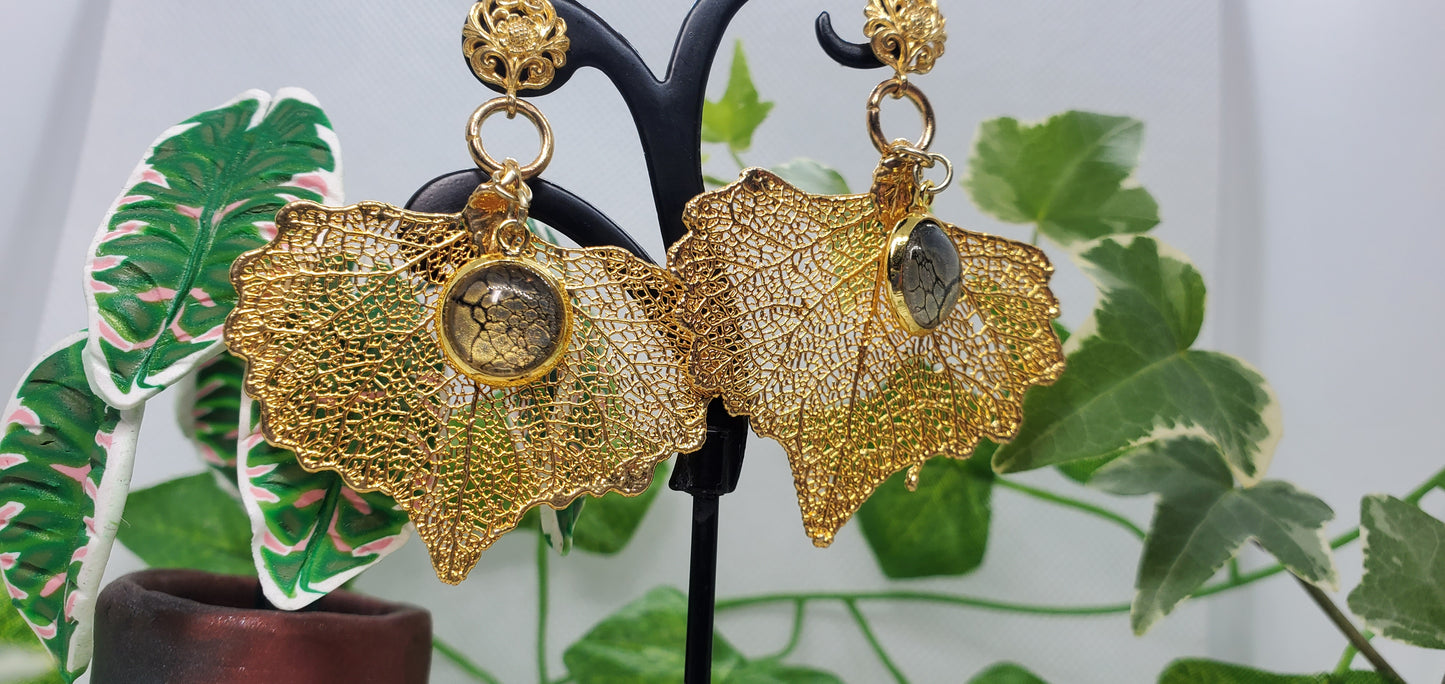 24K Gold Gilded Leaf Earrings with 24K over Sterling Silver Filigree Posts and Pour Art Accents