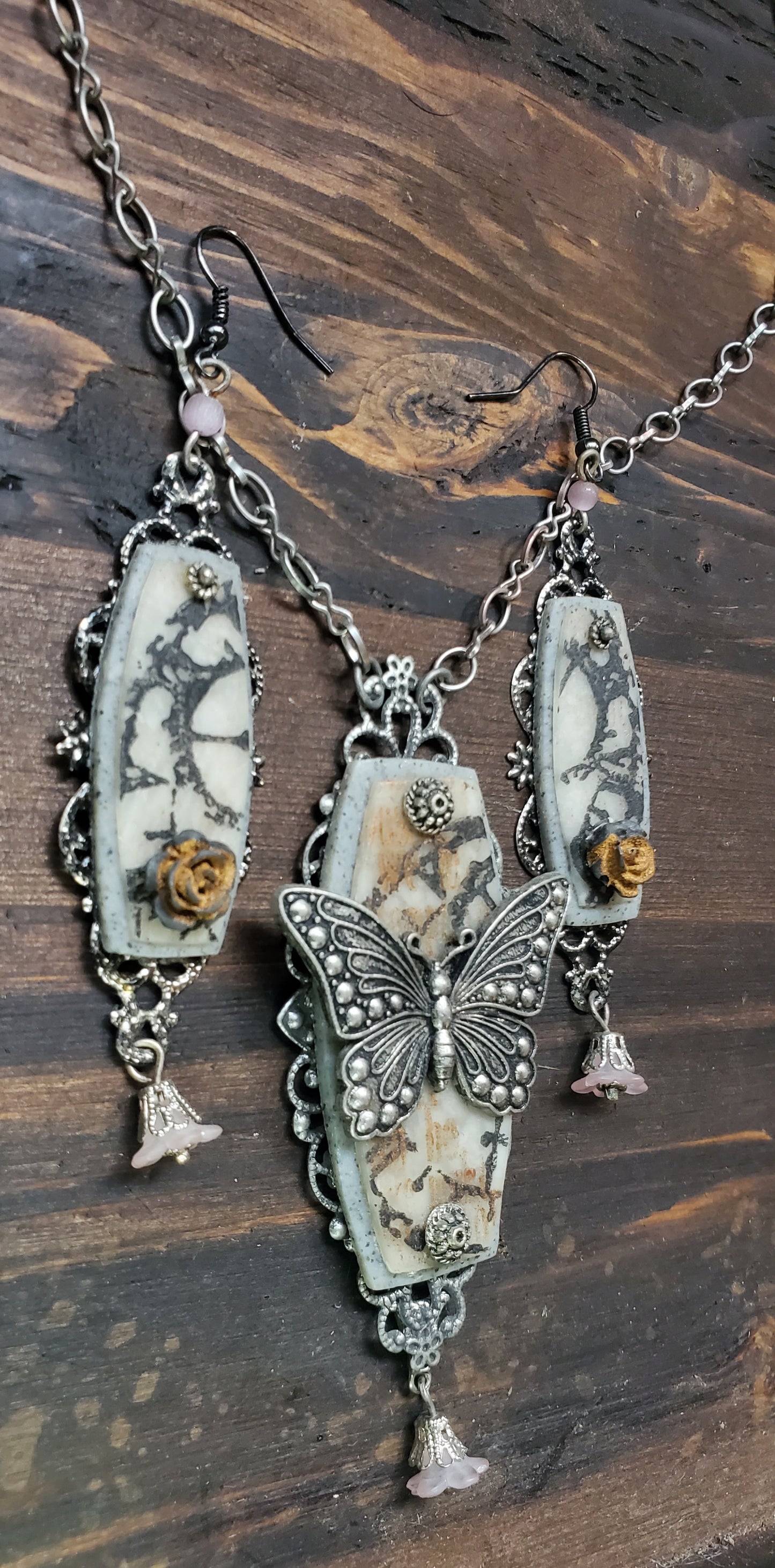 Butterfly and Rose Necklace and Earring Set