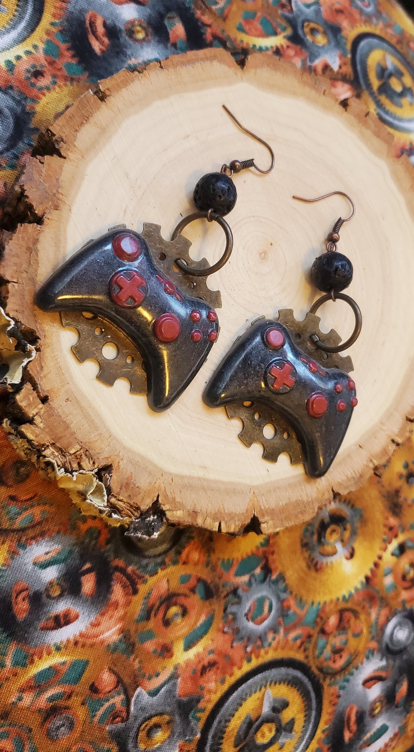 Black and Red XBox Controller Earrings with Gears