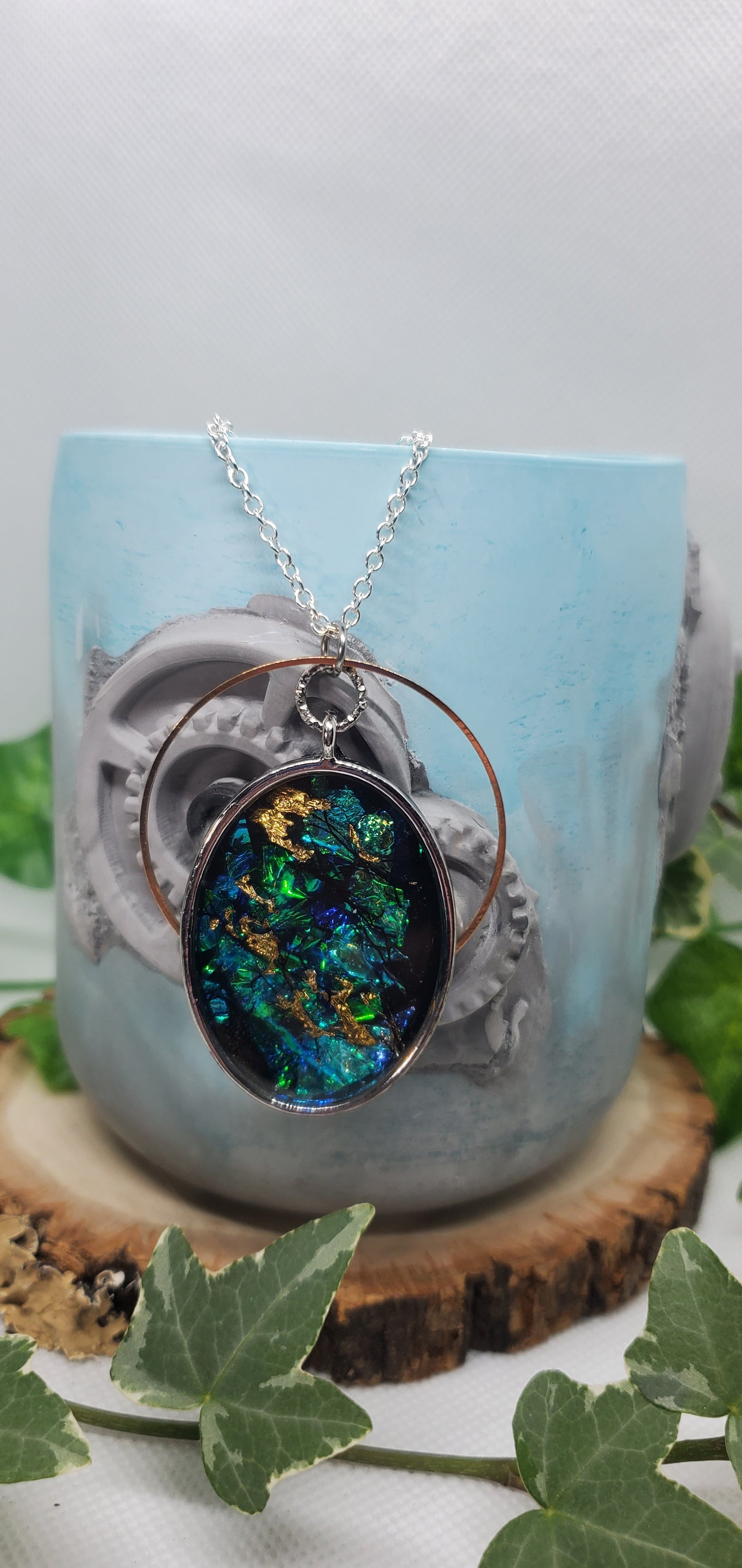 Resin Art Necklace with Blue, Silver, and Gold