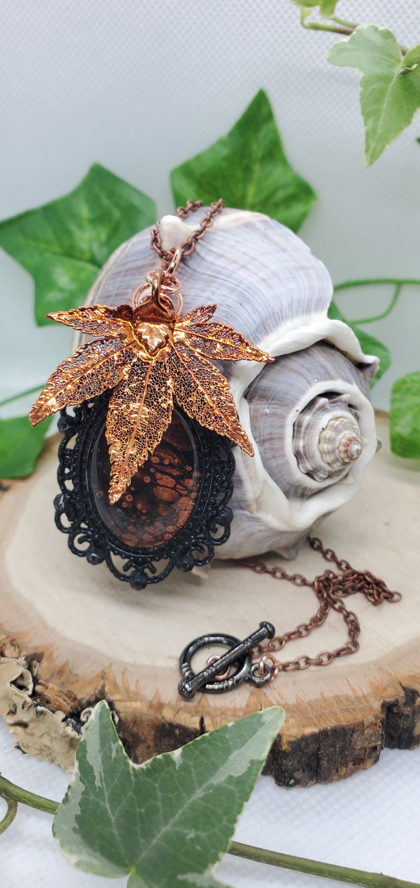 Copper and Black Leaf Skeleton and Fluid Art Necklace