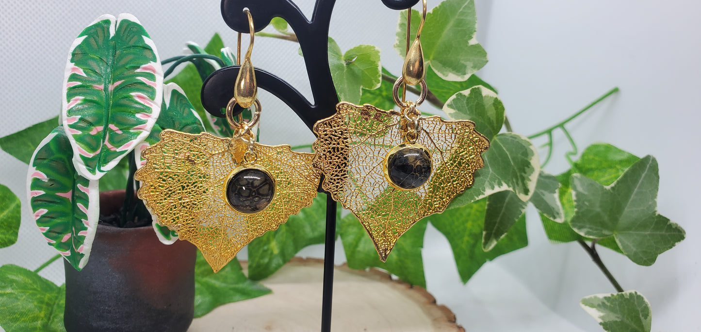 24K Gold Gilded Leaf Earrings with 24K over Sterling Silver Hooks and Dark Pour Art Accents