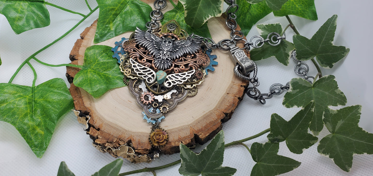 Steampunk and Filigree Metal Owl Necklace with Turquoise