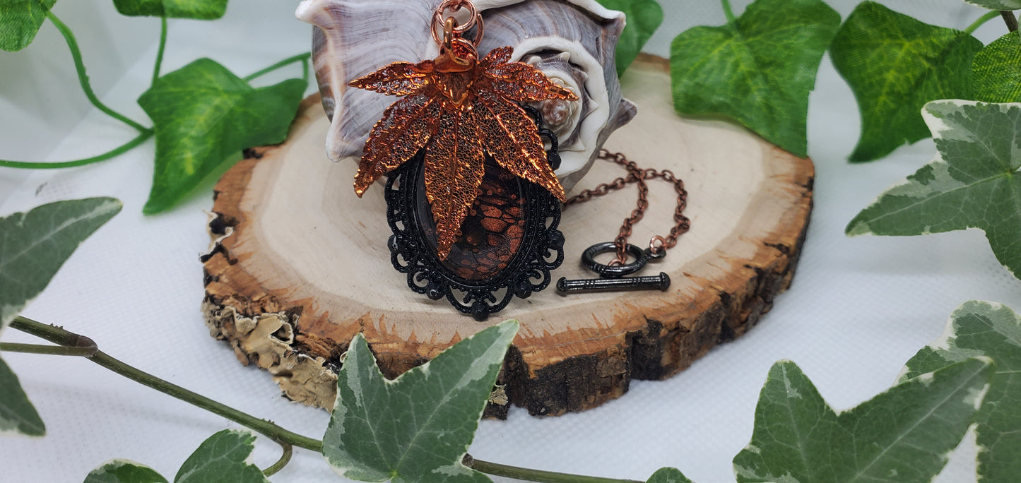 Copper and Black Leaf Skeleton and Fluid Art Necklace