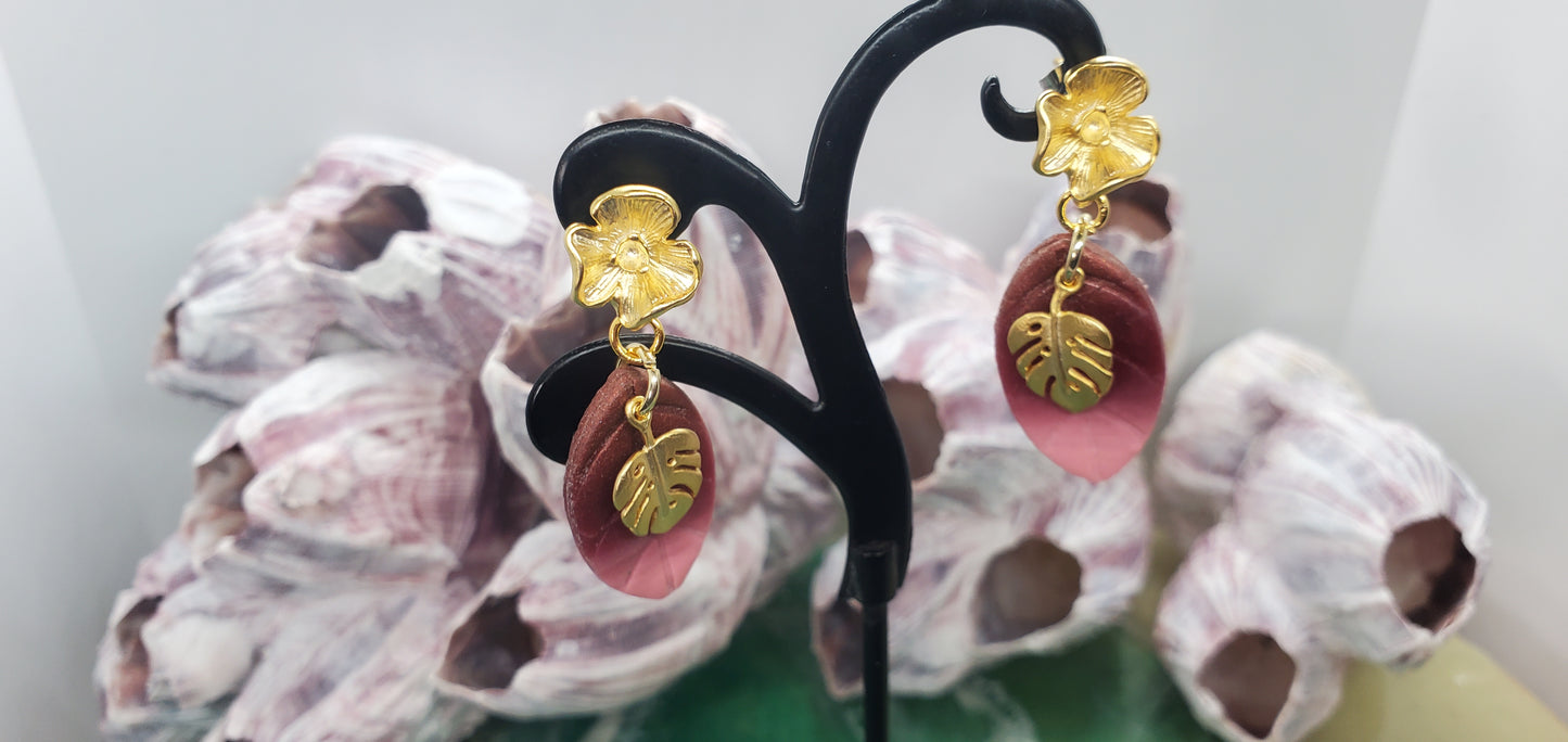 Monstera Dangle Earrings with Pink and Mauve Ombre Leaf in Matte 14K Gold Plated Sterling Silver