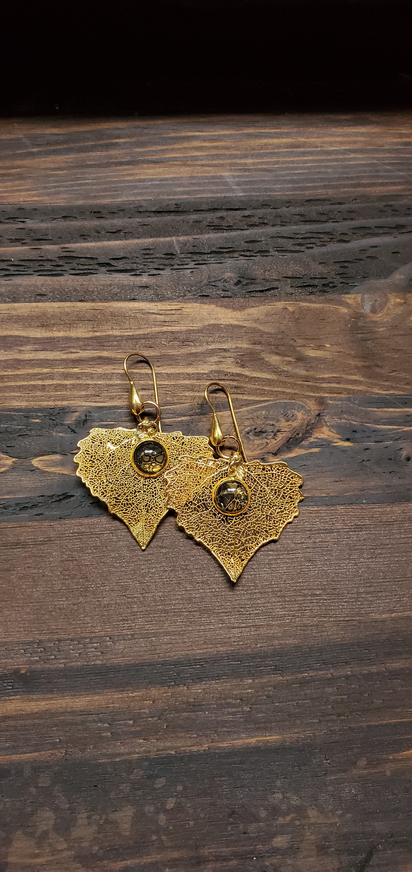 24K Gold Gilded Leaf Earrings with 24K over Sterling Silver Hooks and Dark Pour Art Accents