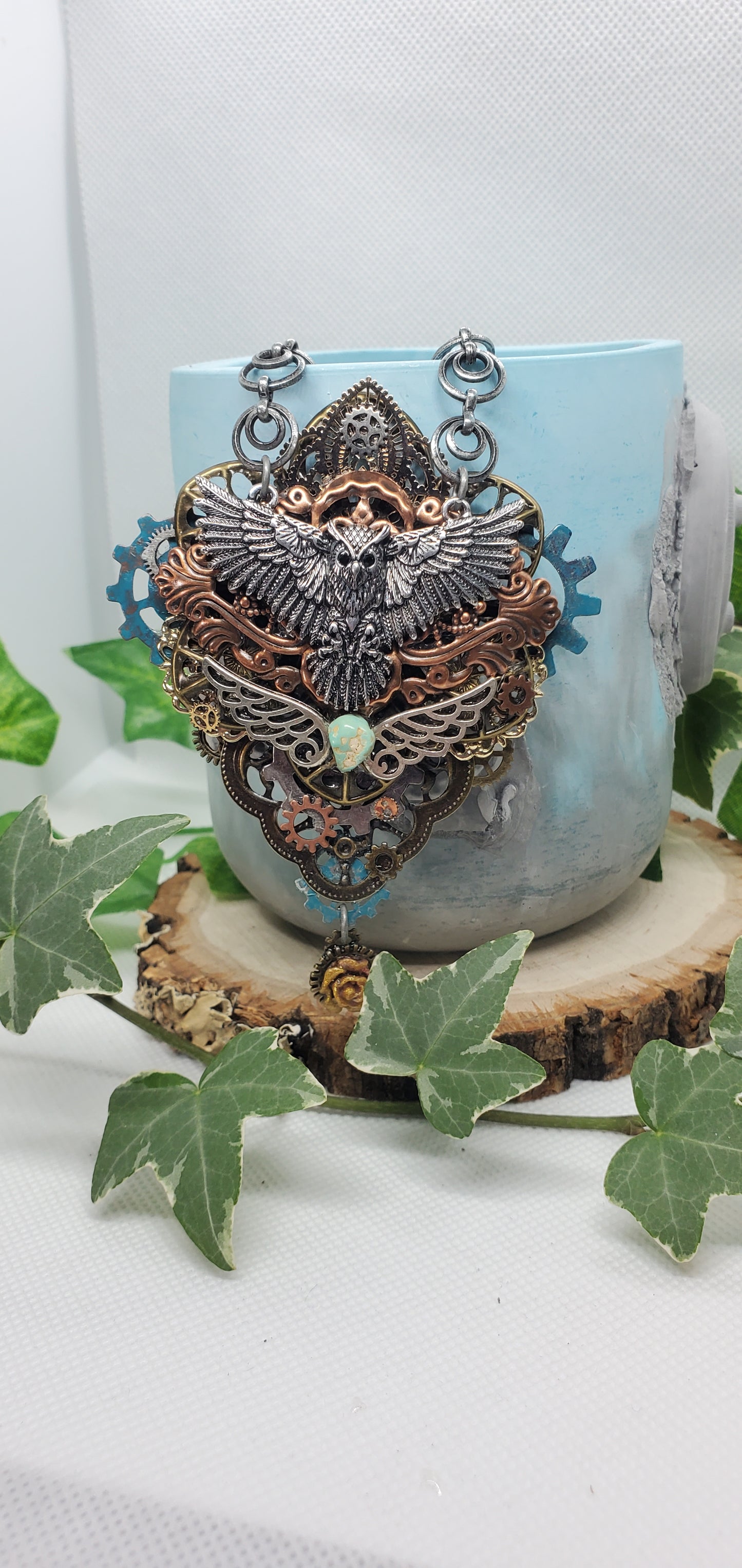 Steampunk and Filigree Metal Owl Necklace with Turquoise