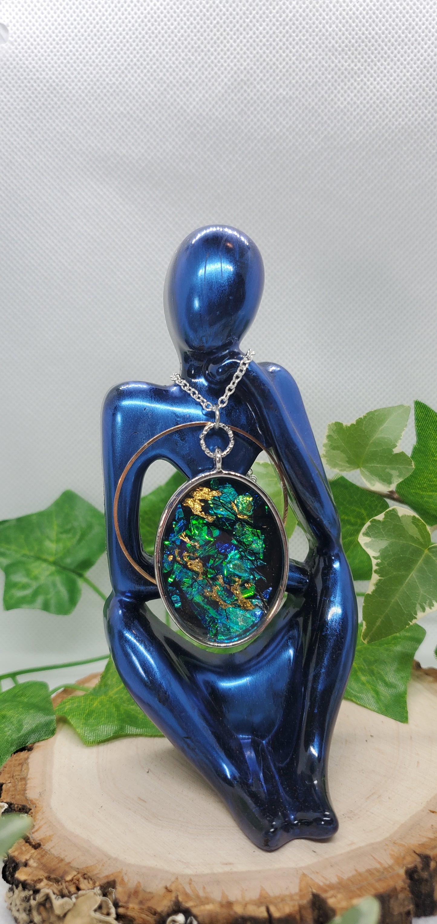 Resin Art Necklace with Blue, Silver, and Gold