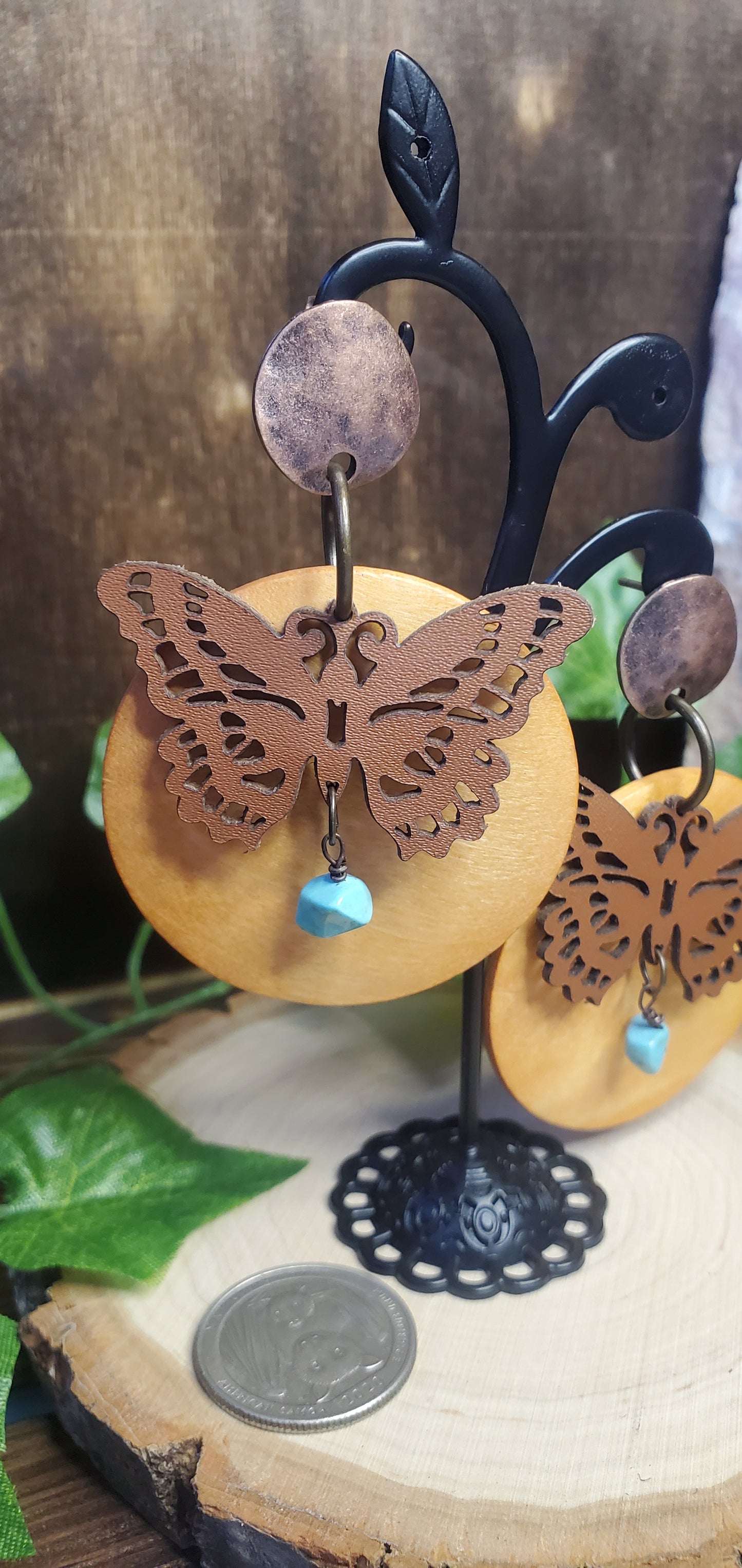 Leather Butterfly Dangle Post Earrings with Wood and Turquoise