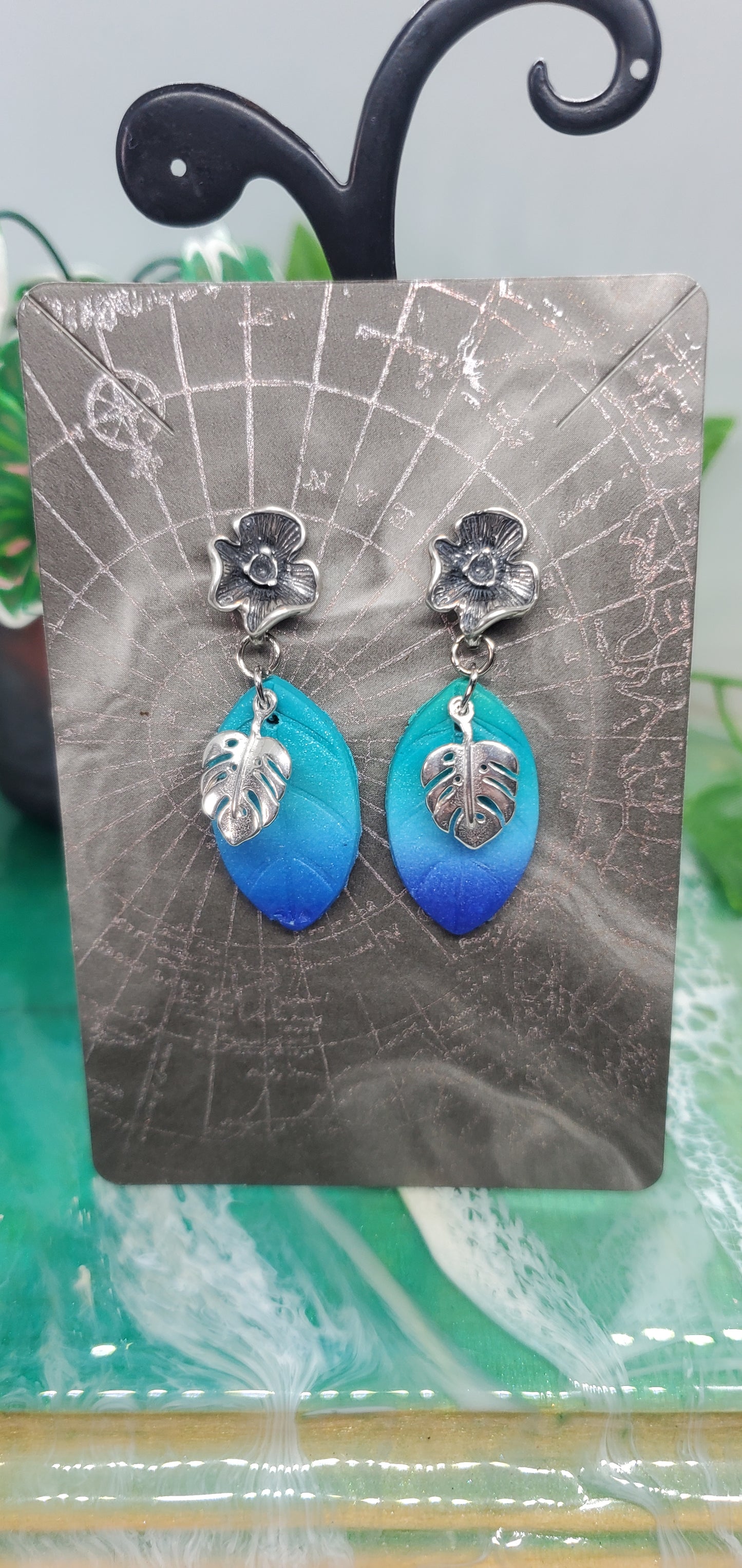 Monstera Dangle Earrings with Blue and Green Ombre Leaf in Sterling Silver