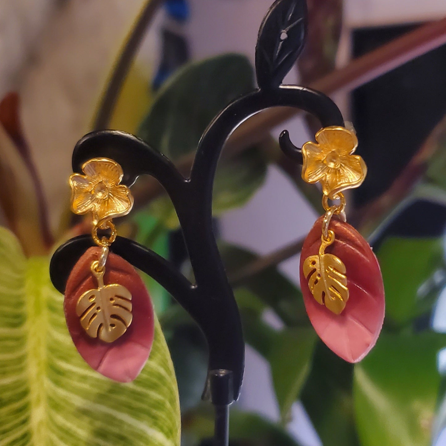 Monstera Dangle Earrings with Pink and Mauve Ombre Leaf in Matte 14K Gold Plated Sterling Silver