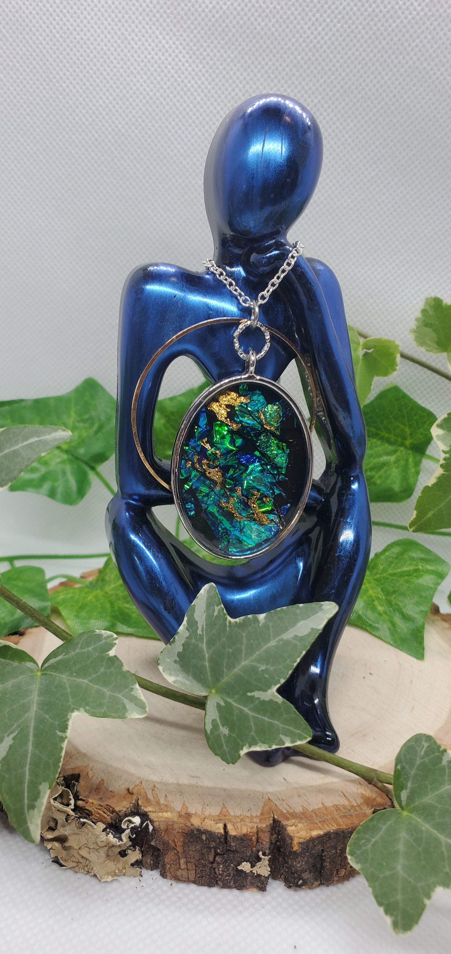 Resin Art Necklace with Blue, Silver, and Gold