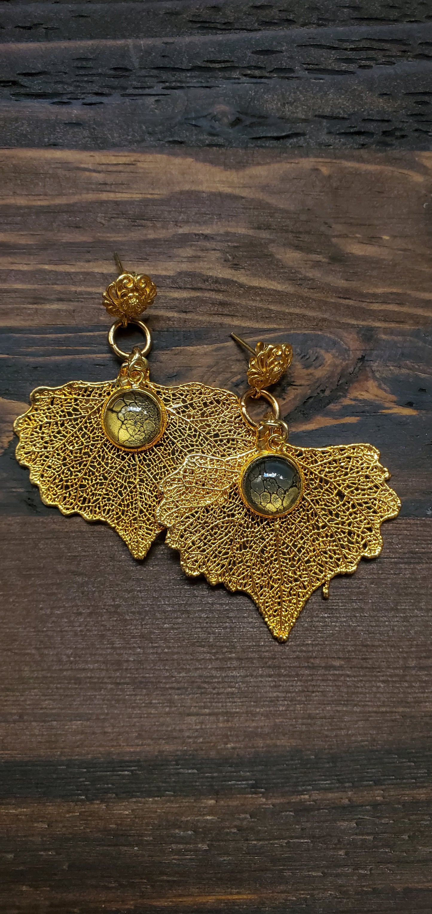 24K Gold Gilded Leaf Earrings with 24K over Sterling Silver Filigree Posts and Pour Art Accents