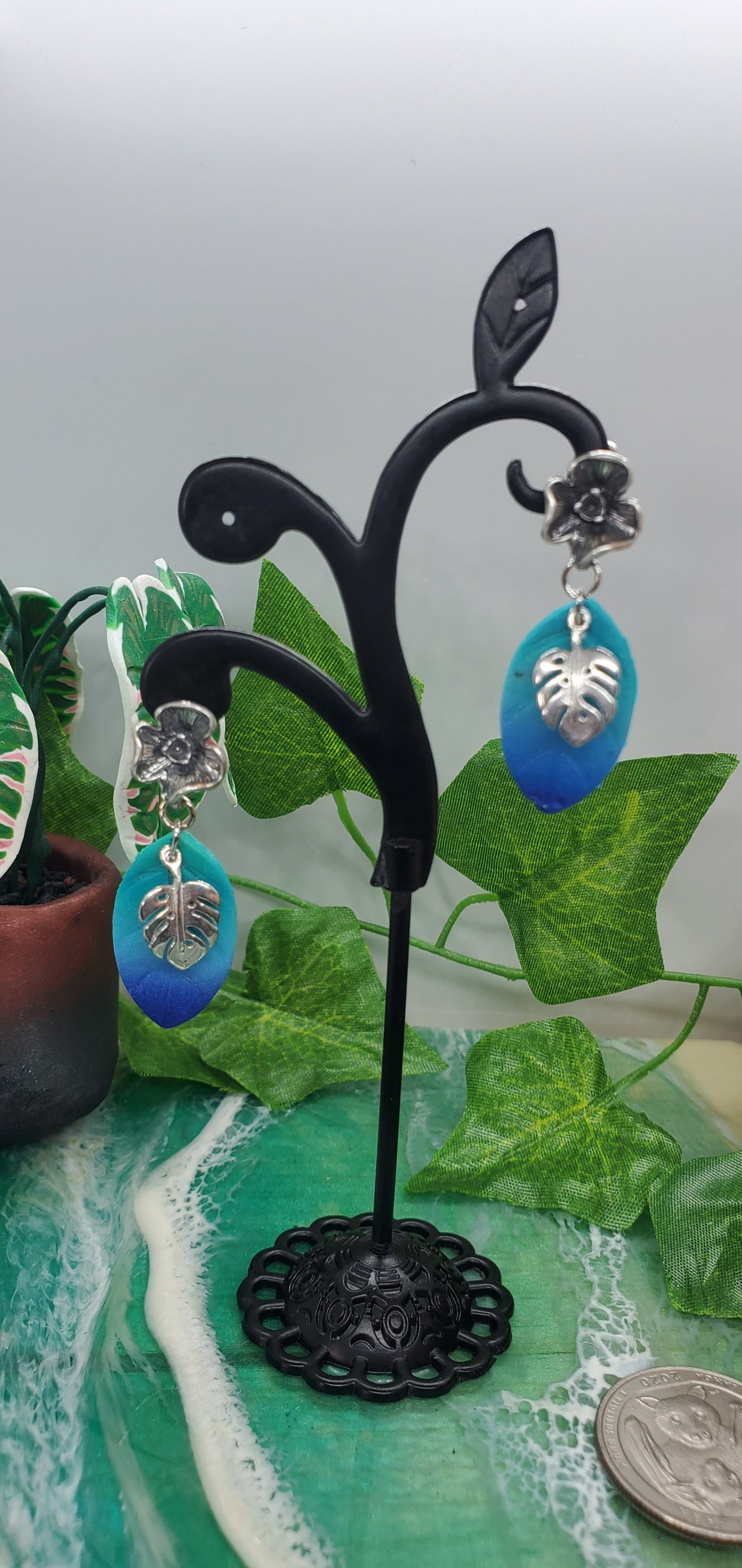 Monstera Dangle Earrings with Blue and Green Ombre Leaf in Sterling Silver