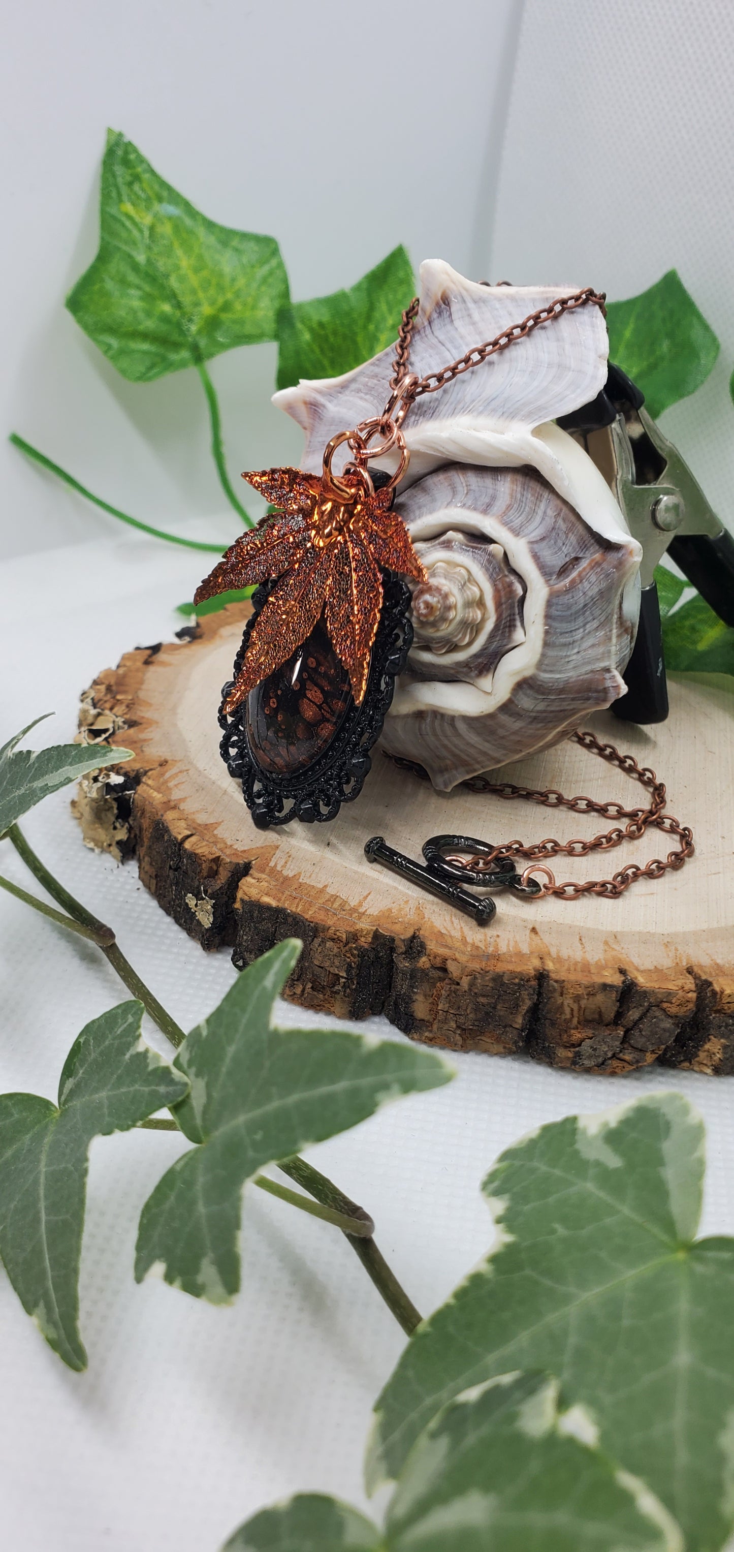 Copper and Black Leaf Skeleton and Fluid Art Necklace