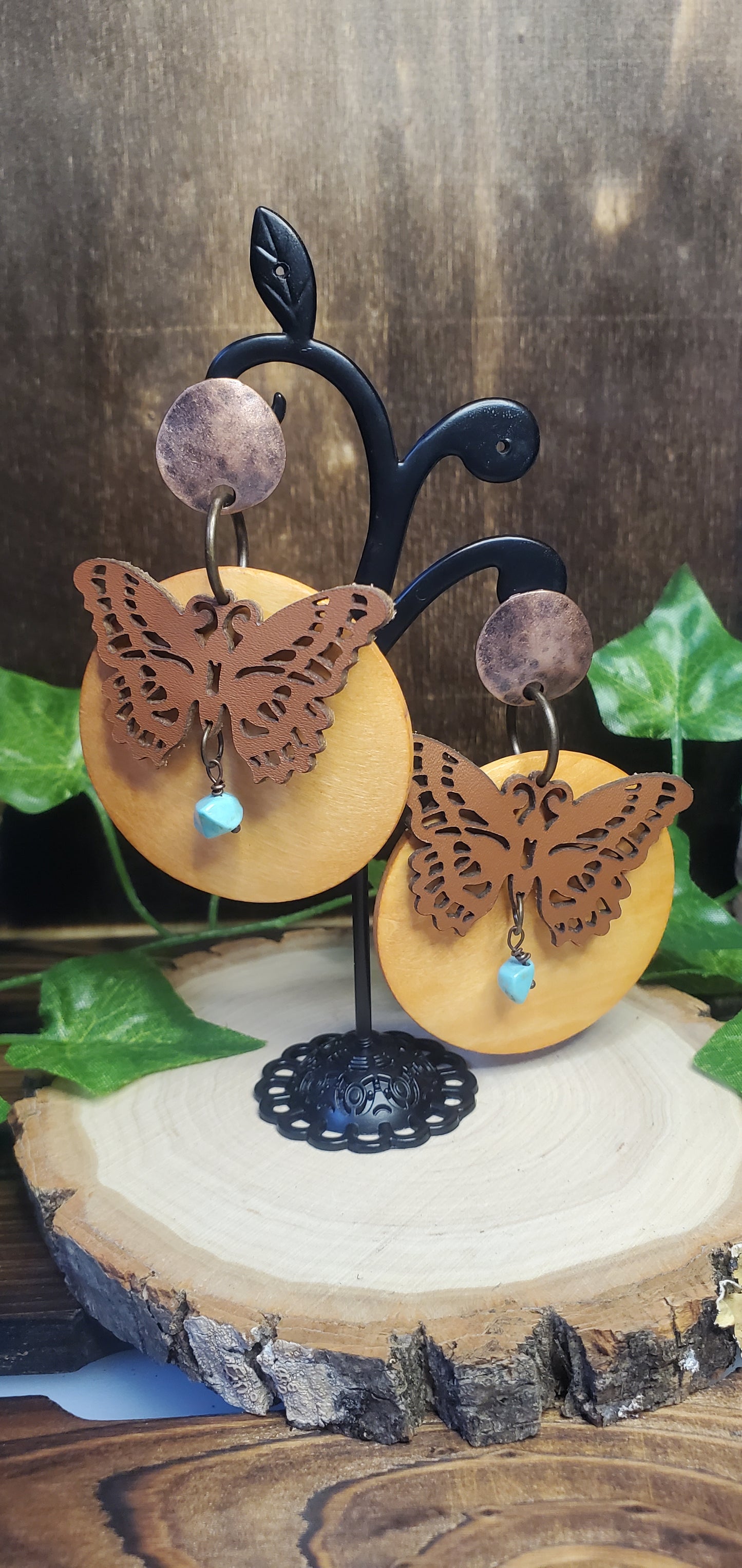 Leather Butterfly Dangle Post Earrings with Wood and Turquoise